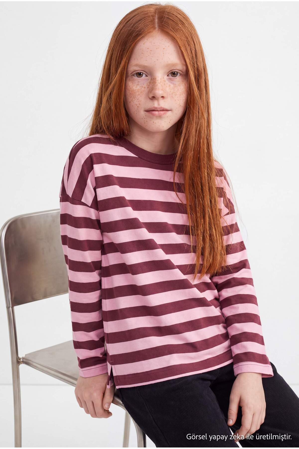 Girls' Burgundy Striped Knit Sweatshirt
