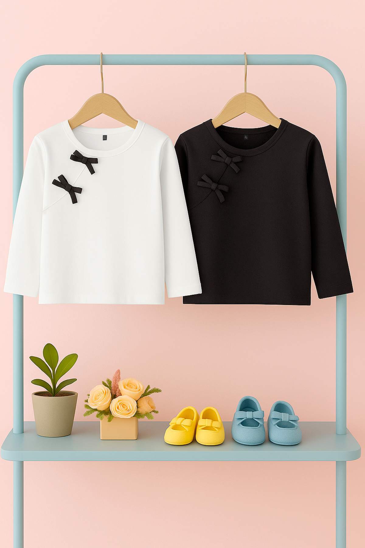 Girls' Black & Ecru 2-Pack Bow Cotton T-Shirts