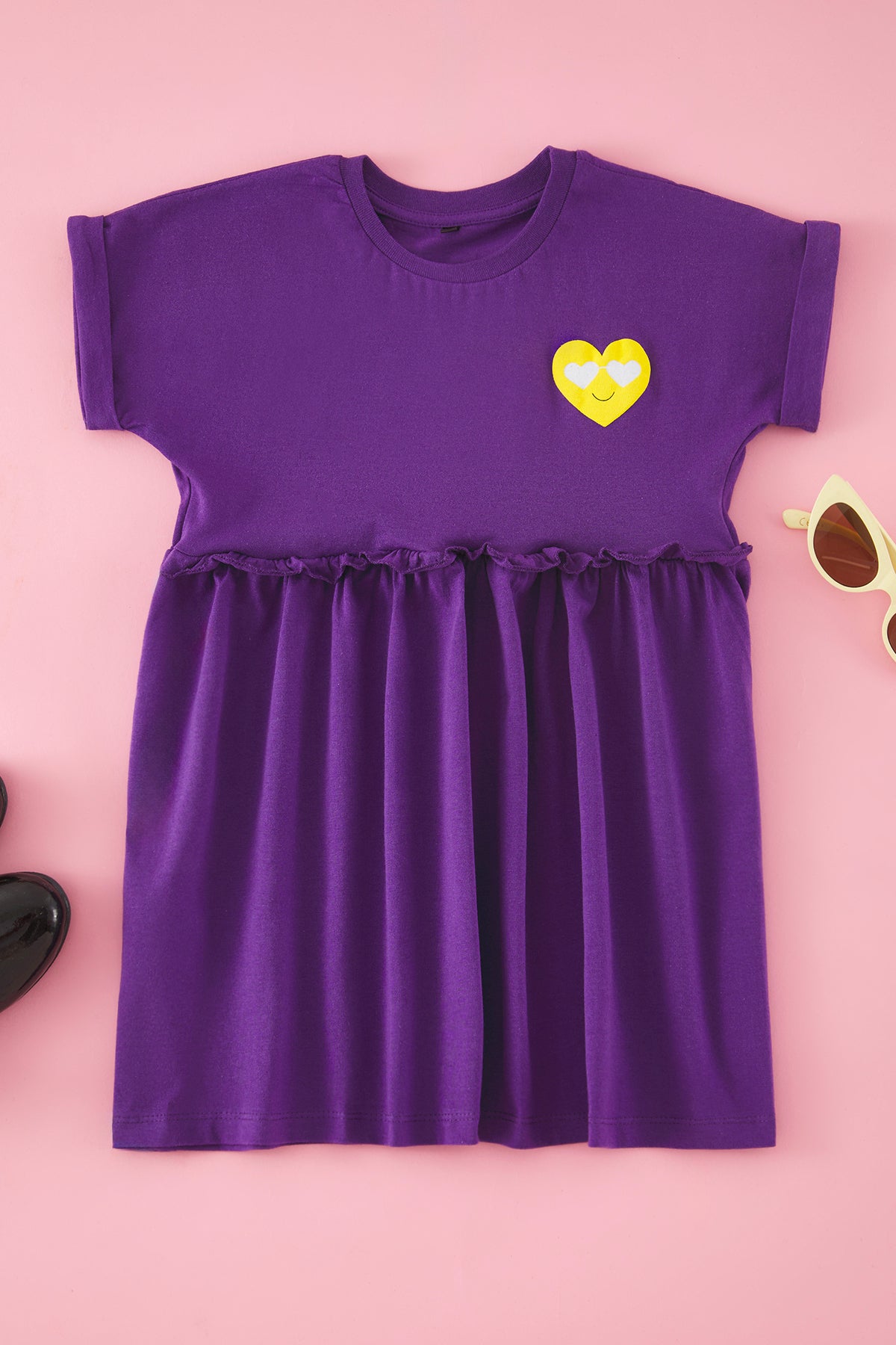 Girls' Heart-Print Cotton Mini Dress