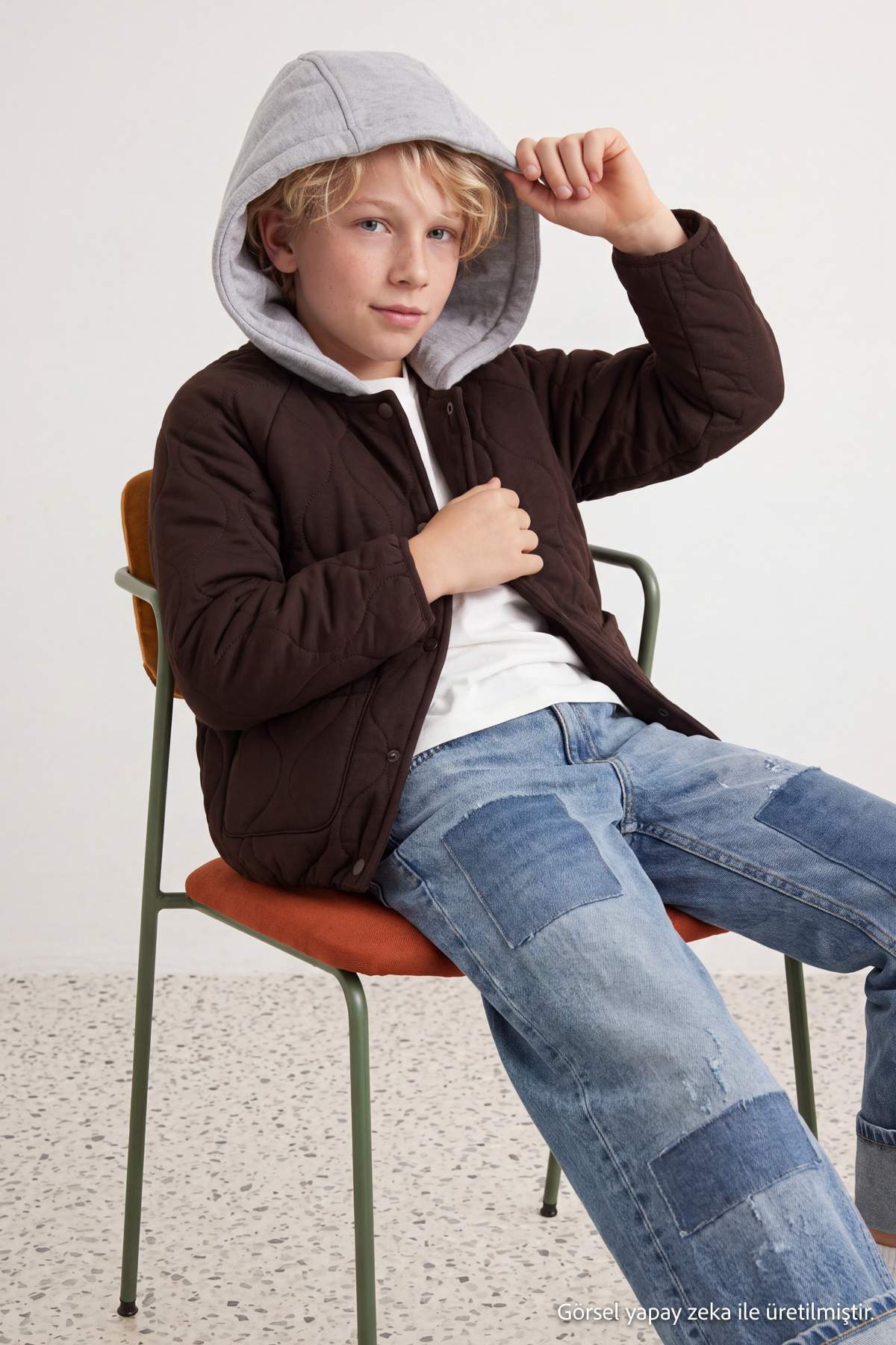 Girls' Brown Quilted Hooded Jacket