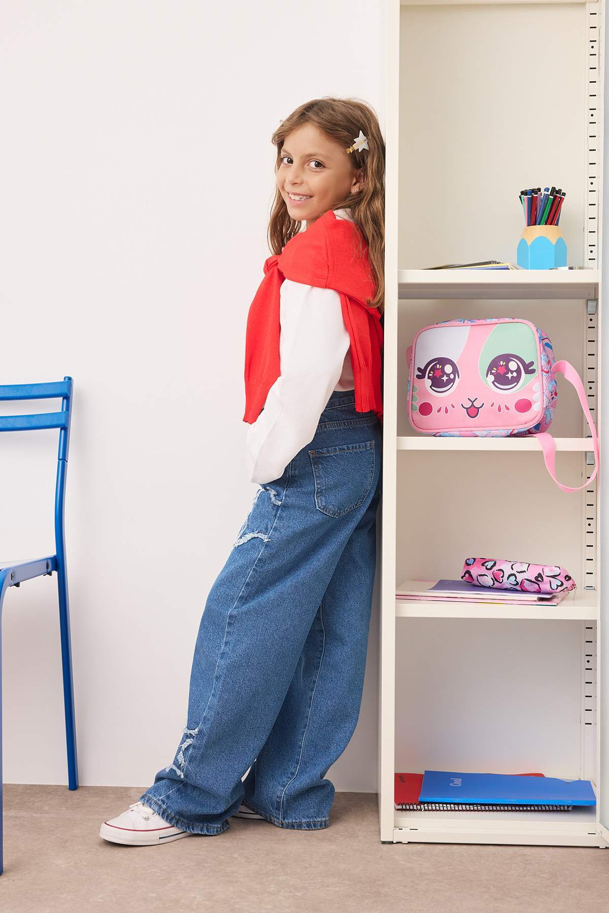 Girls' Blue Star-Print Wide-Leg Denim Trousers