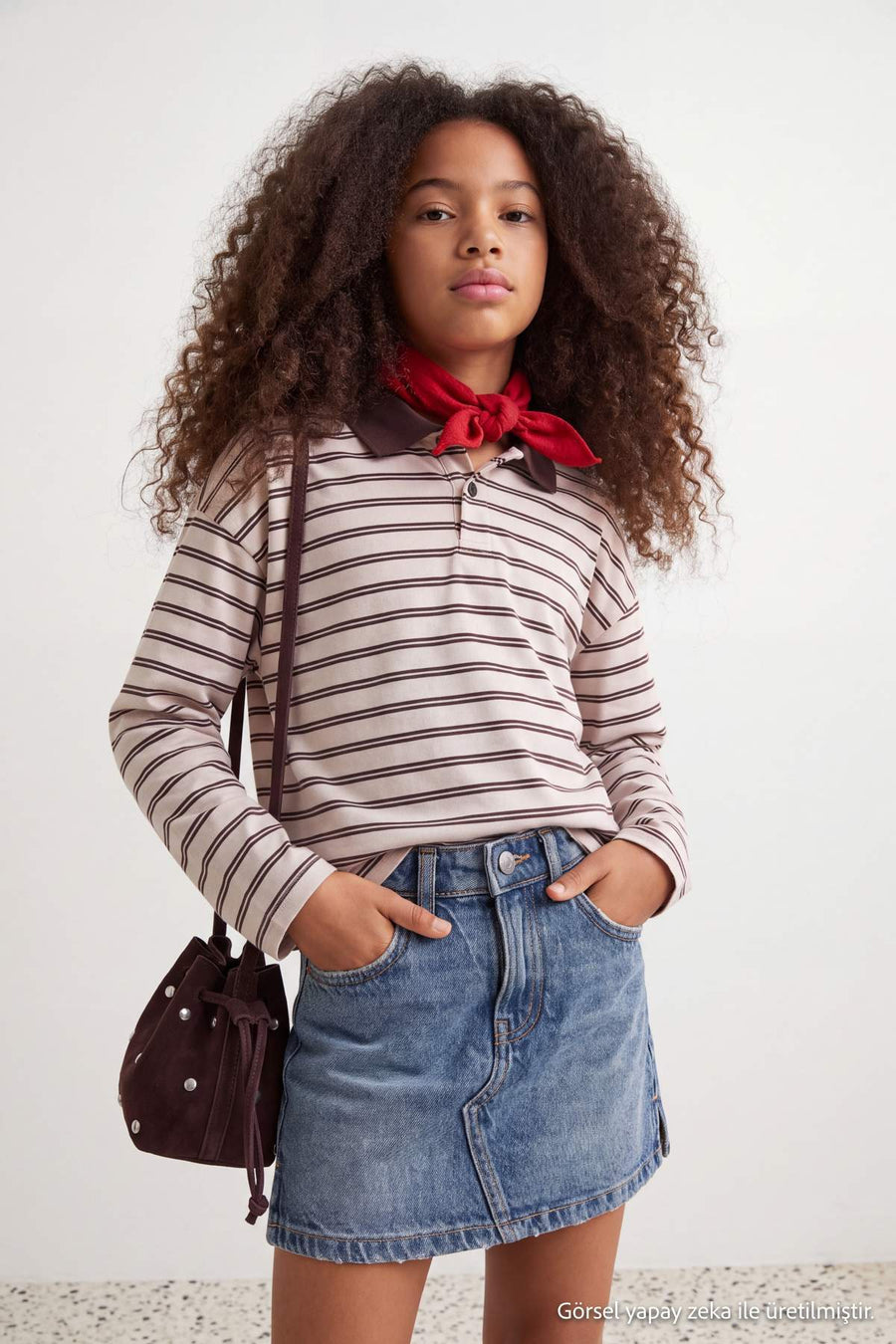 Girls' Brown Striped Polo-Collar Sweatshirt