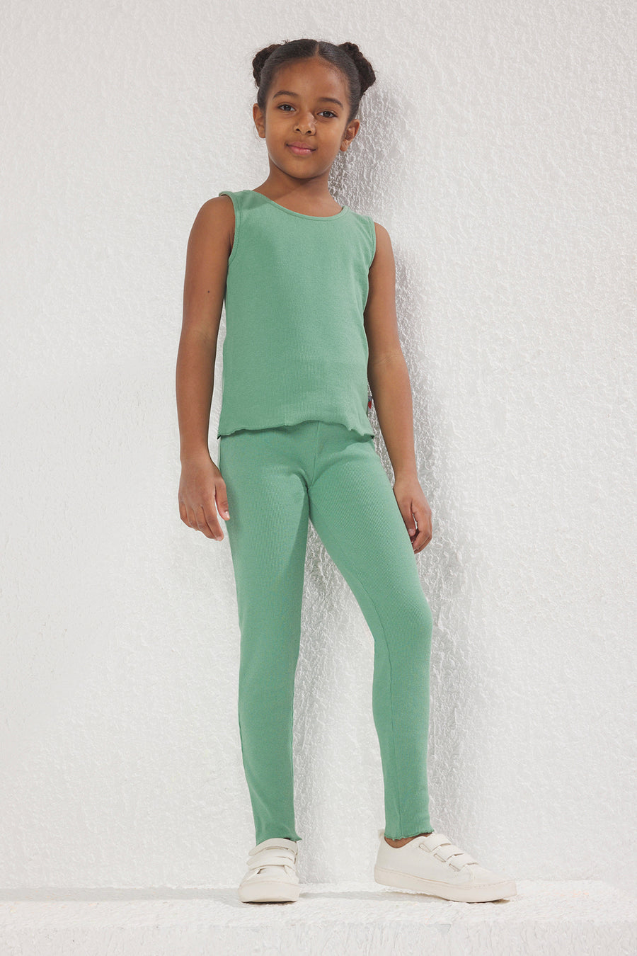 Girls' Mint Ribbed Sleeveless Top & Leggings Set