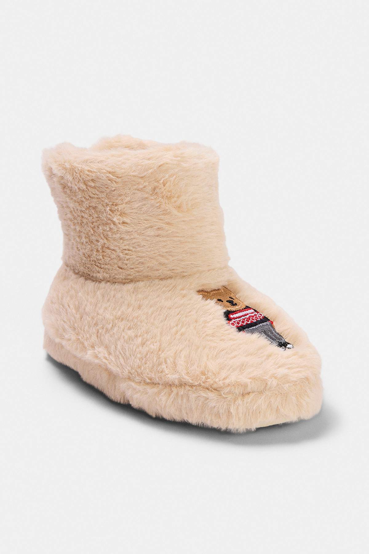 Kids' Ecru Embroidered Plush Slipper Boots