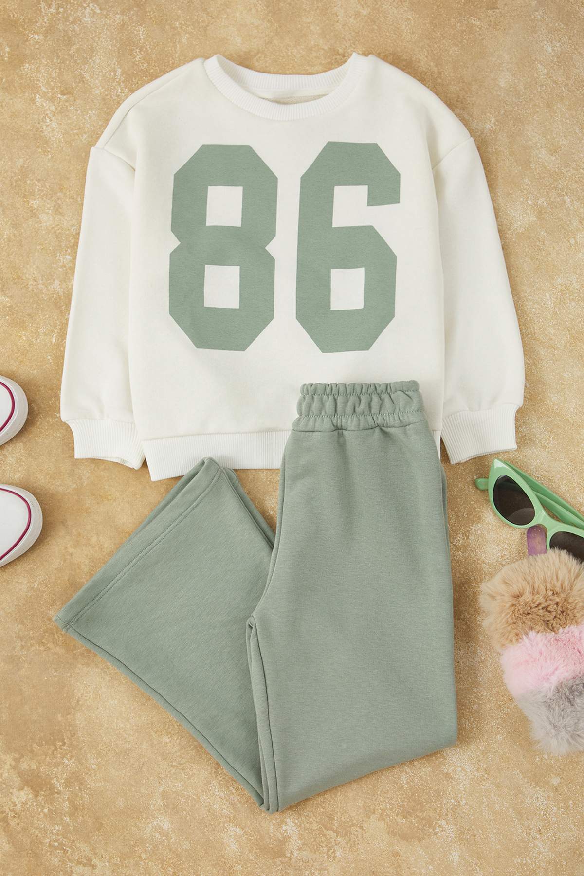 Girls' Mint Printed Oversized Cotton Two-Piece Set