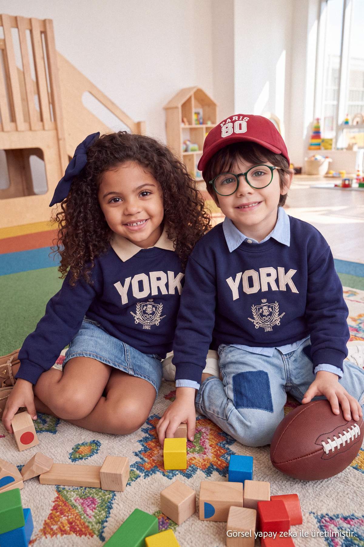 Kids' Navy Embroidered Polo-Collar Fleece-Lined Sweatshirt