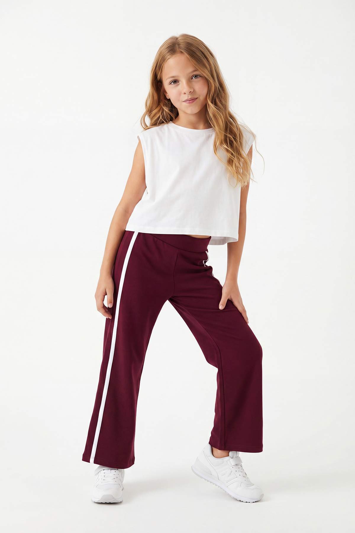 Girls' Piped Stretch Cotton Wide-Leg Trousers