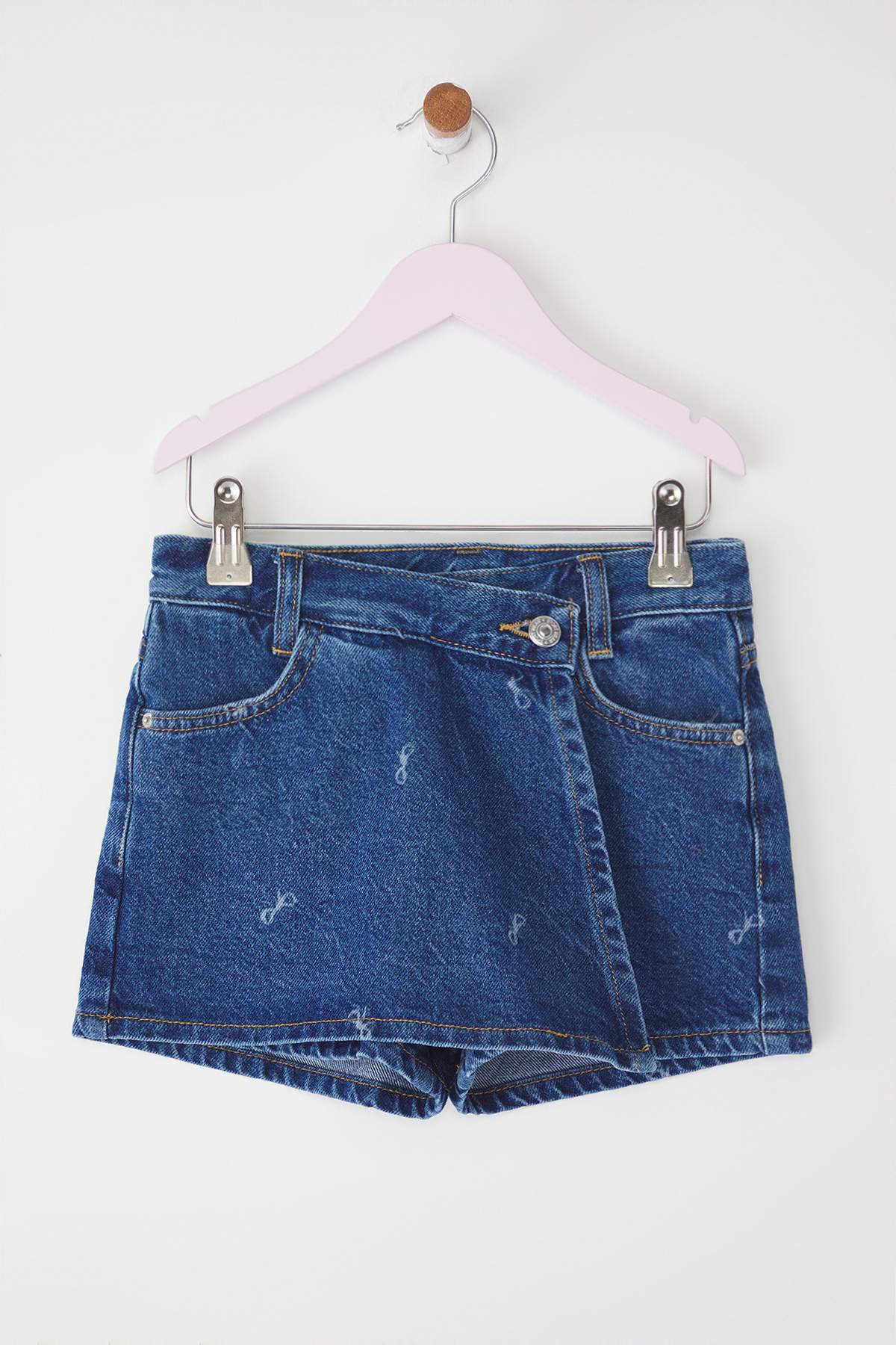 Girls' Blue Ribbon-Print Cotton Denim Skort