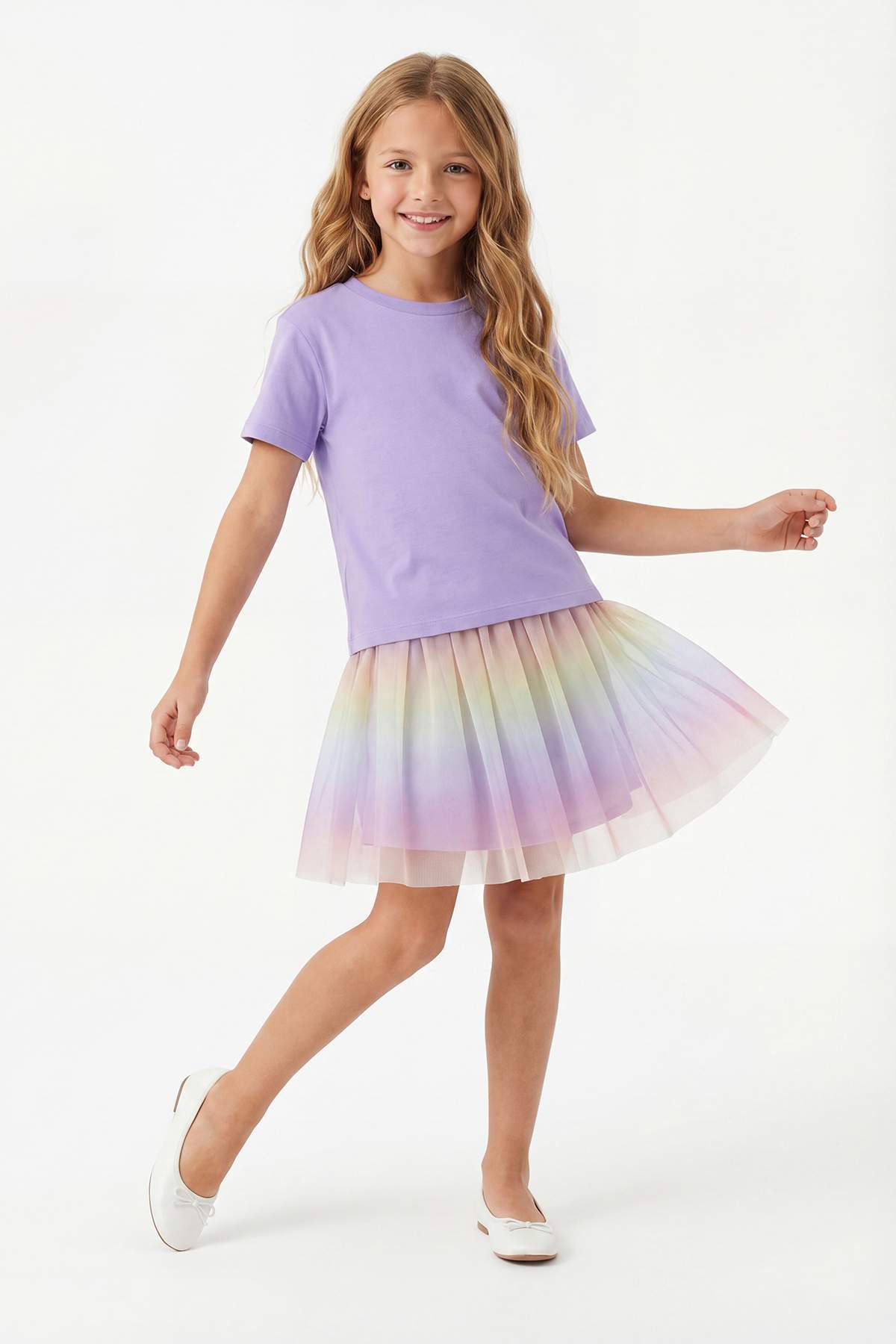 Girls' Lilac T-Shirt & Rainbow Tulle Skirt Set