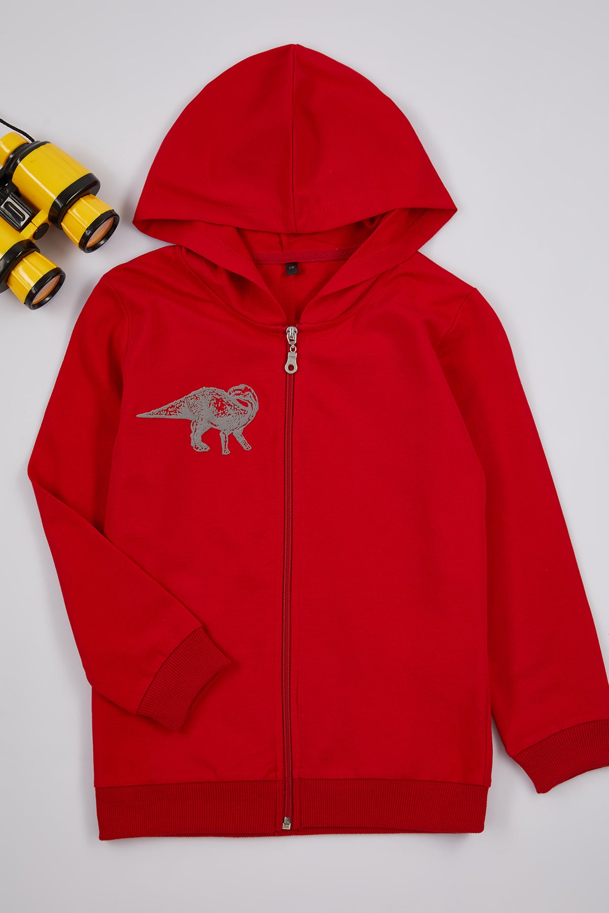 Boys' Red Printed Hooded Zip-Up Cardigan