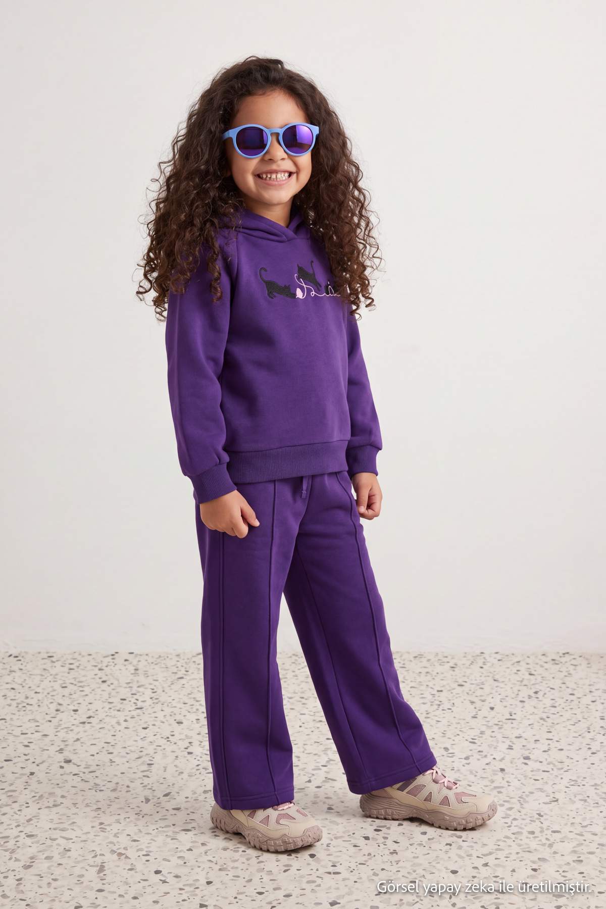 Girls' Purple Hoodie & Wide-Leg Trousers Set