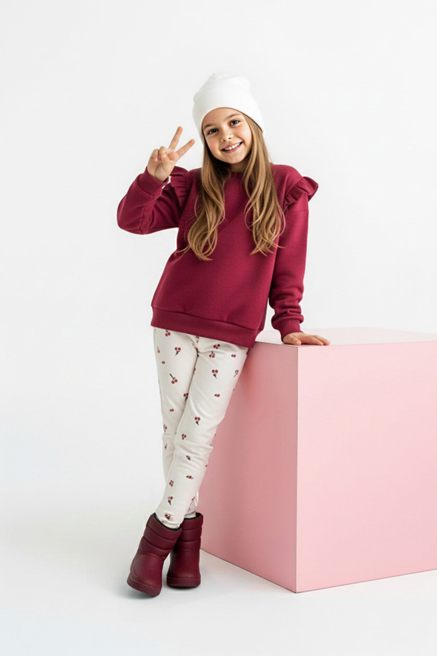 Girls' Burgundy Ruffled Sweatshirt & Leggings Set