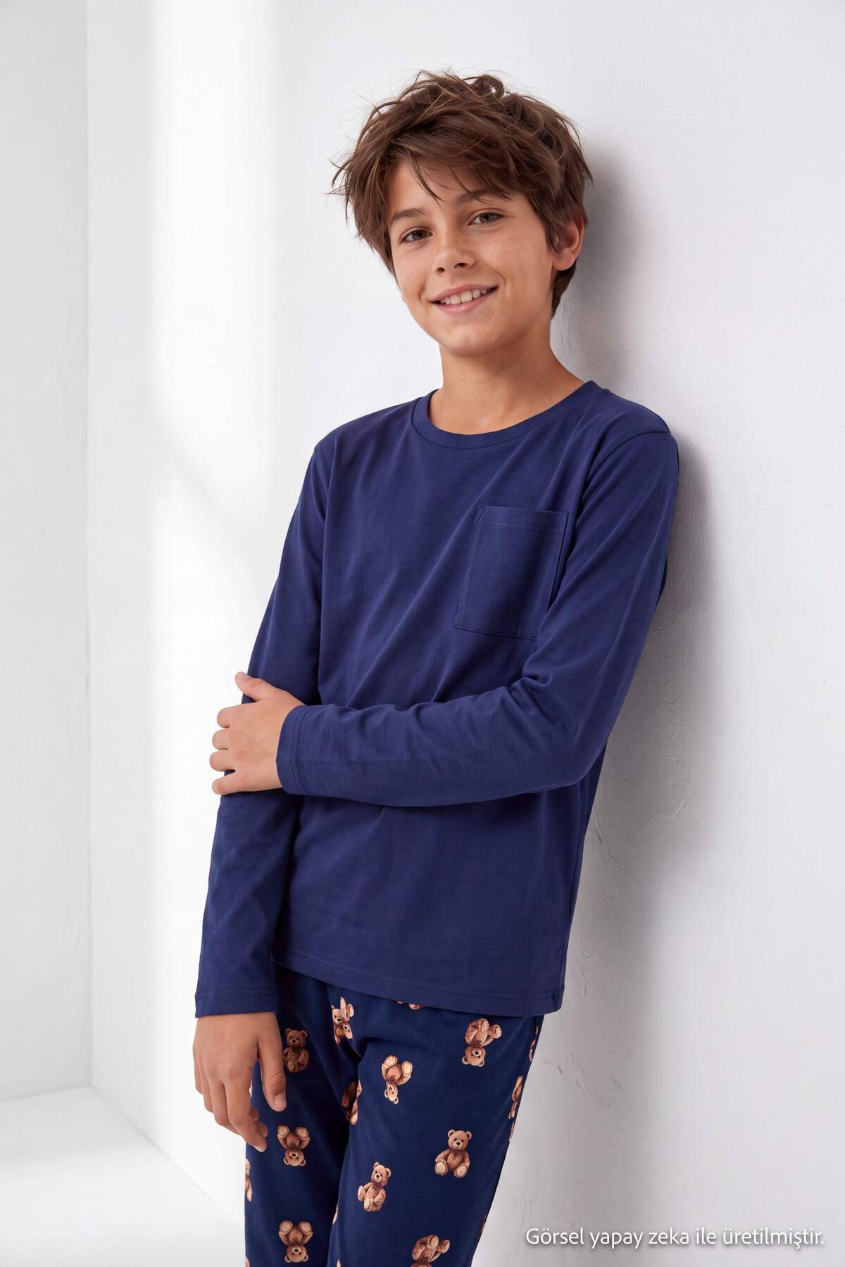 Boys' Navy Pyjama Set with Teddy-Print Trousers