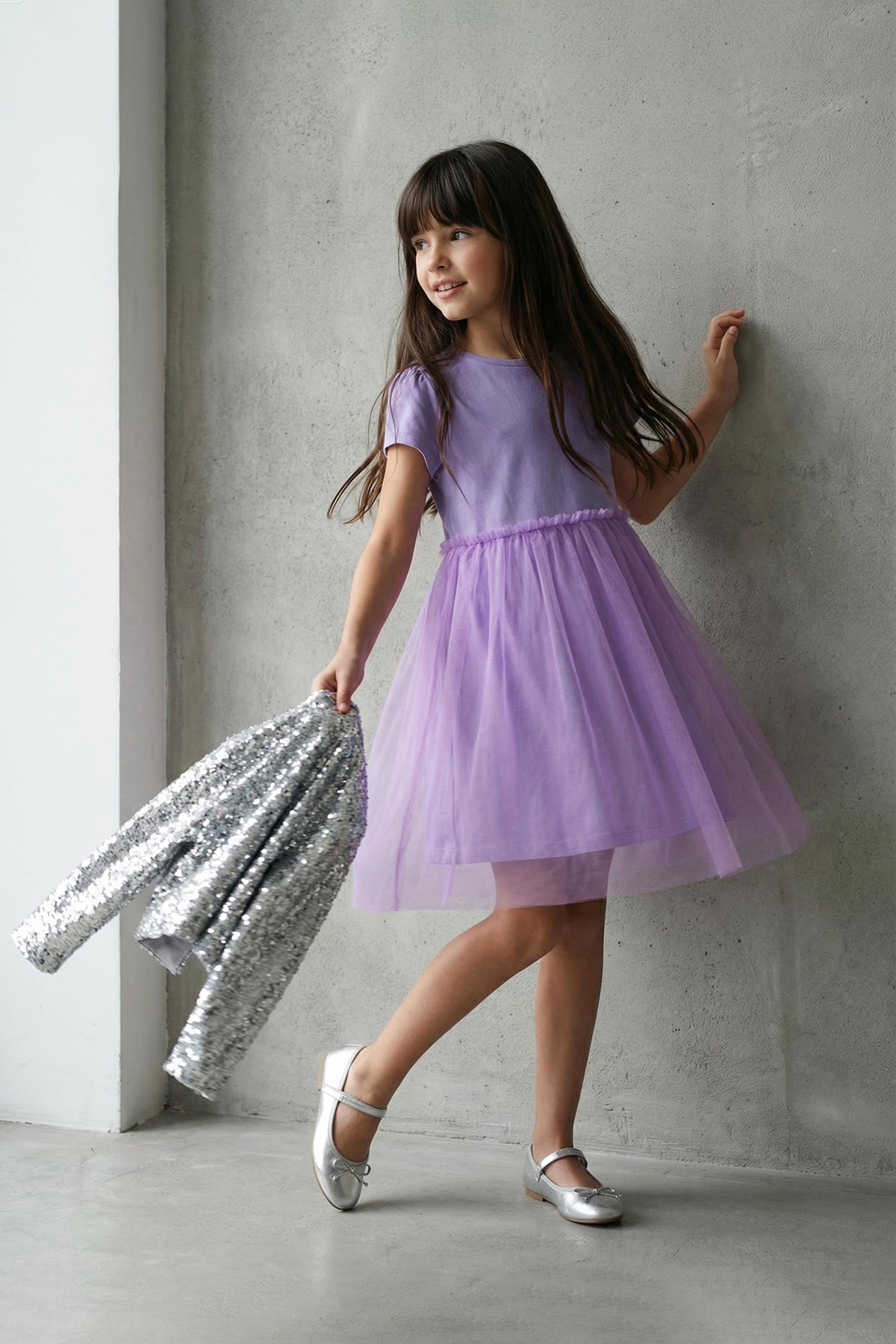 Girls' Lilac Cotton Short-Sleeve Tutu Mini Dress