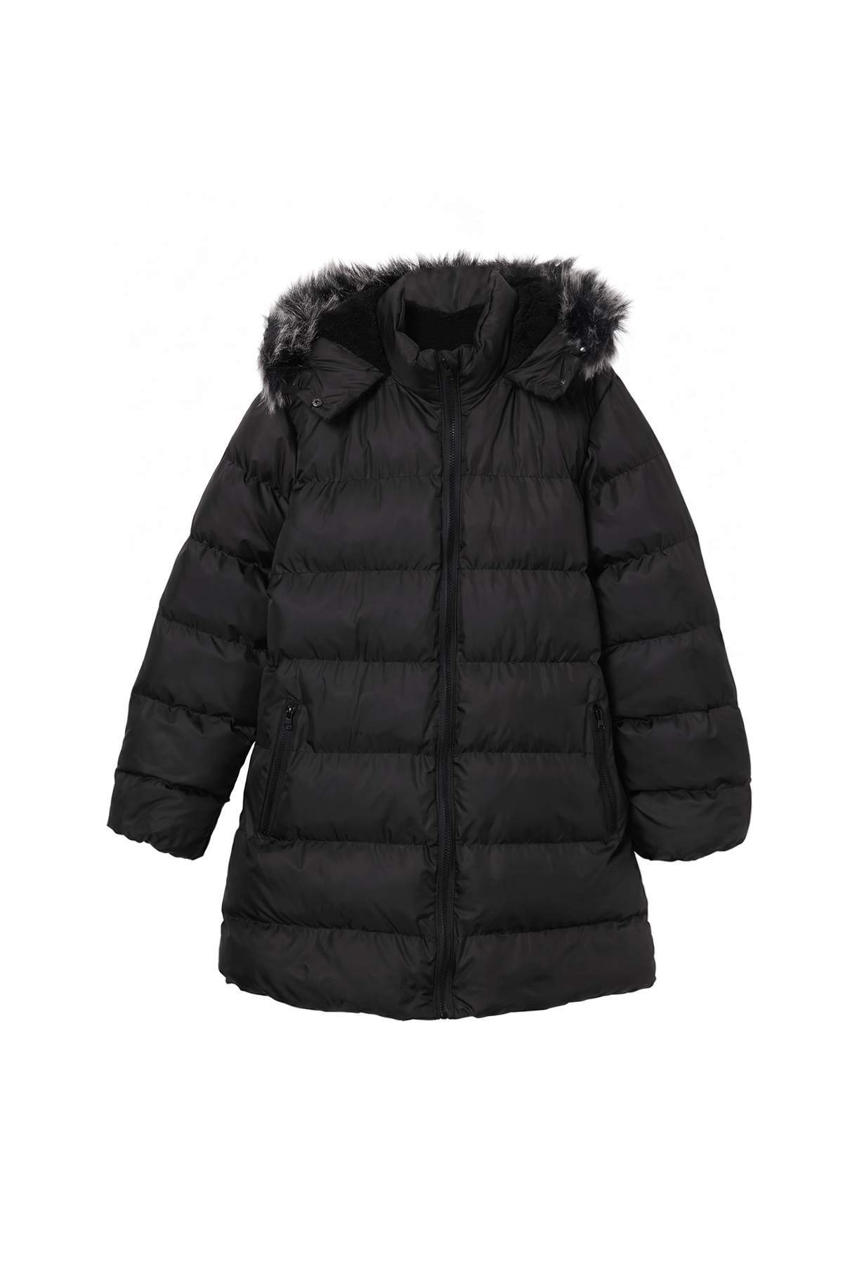 Girls' Black Long Fleece-Lined Hooded Coat