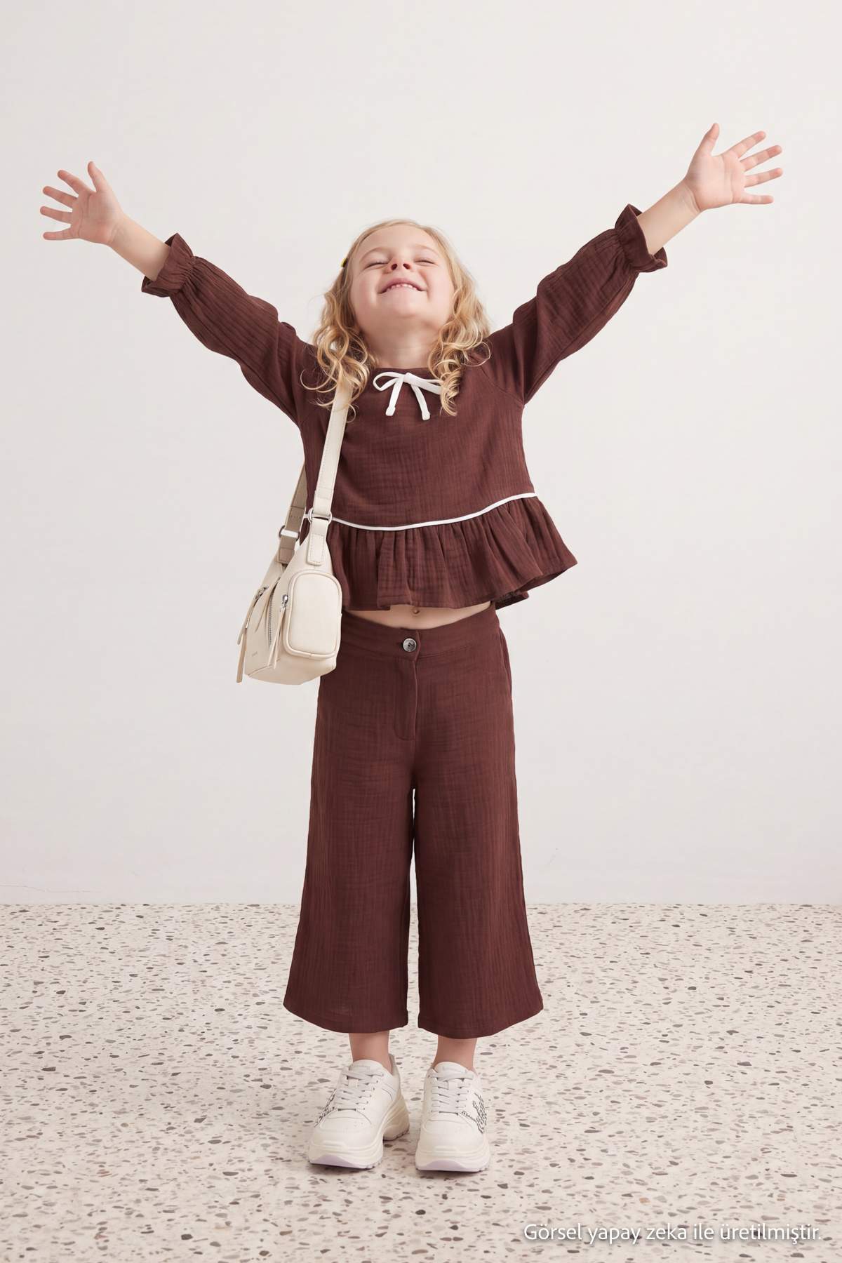 Girls' Burgundy Cotton Muslin Bow Shirt & Trousers Set