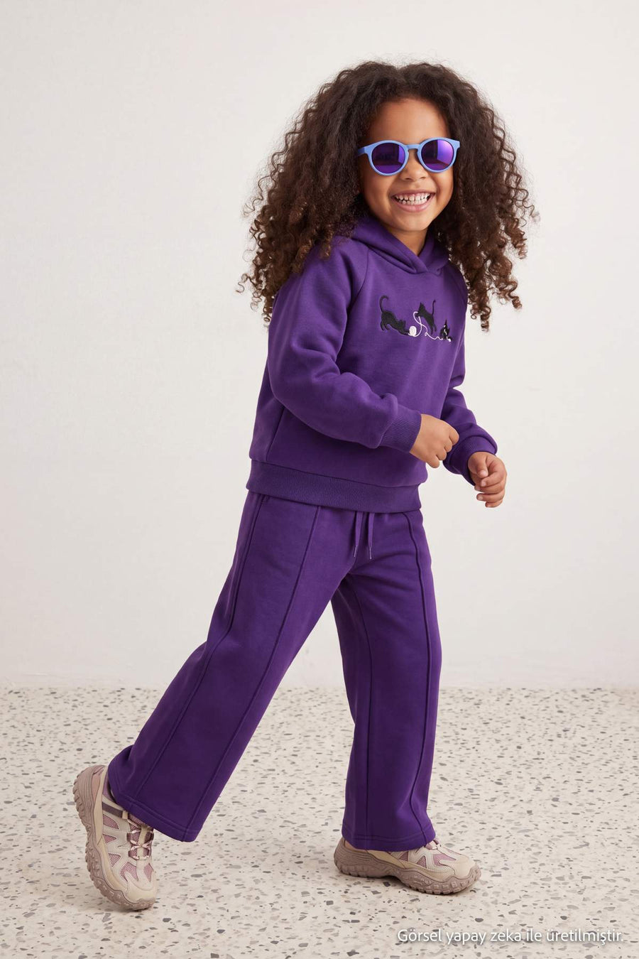 Girls' Purple Hoodie & Wide-Leg Trousers Set