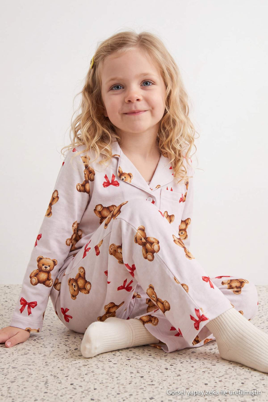Girls' Ecru Teddy & Bow Print Shirt Pyjama Set