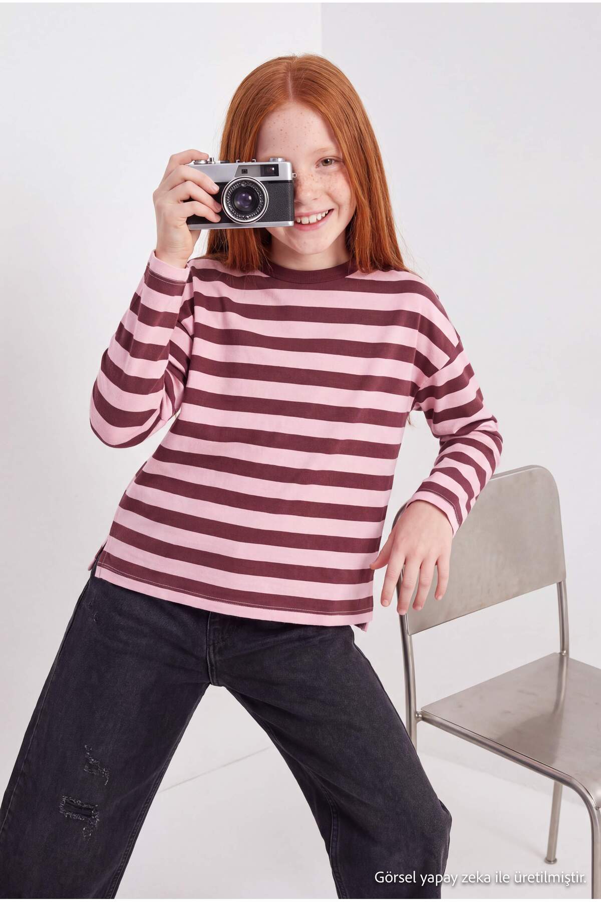 Girls' Burgundy Striped Knit Sweatshirt