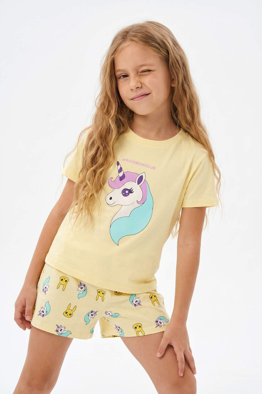 Girls' Yellow Unicorn-Print Pyjama Set