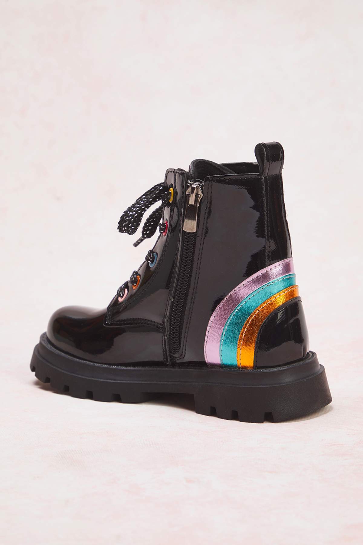 Girls' Black Patent Lace-Up Combat Boots with Zip