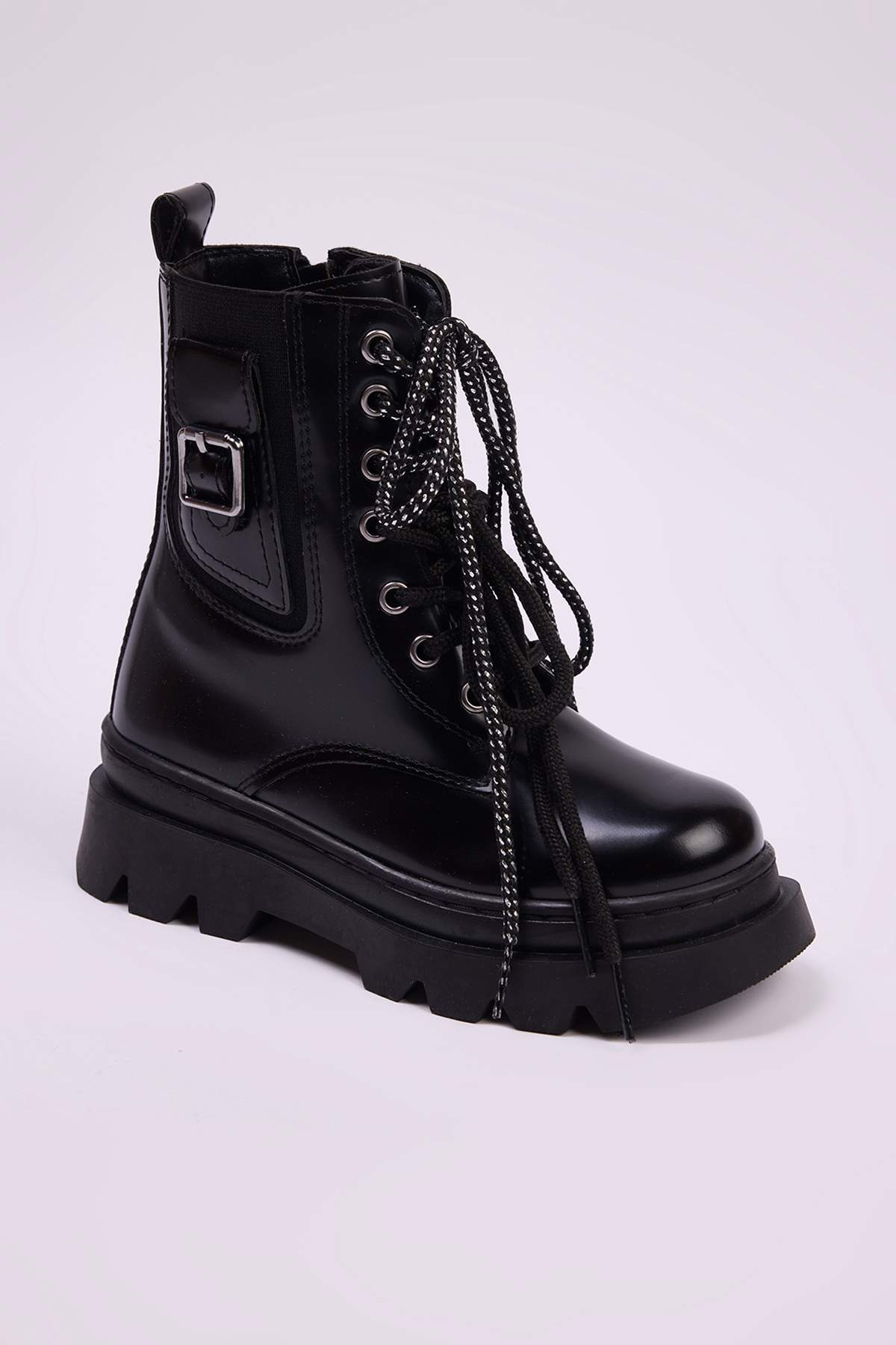 Girls' Black Two-Tone Lace-Up Combat Boots with Zip