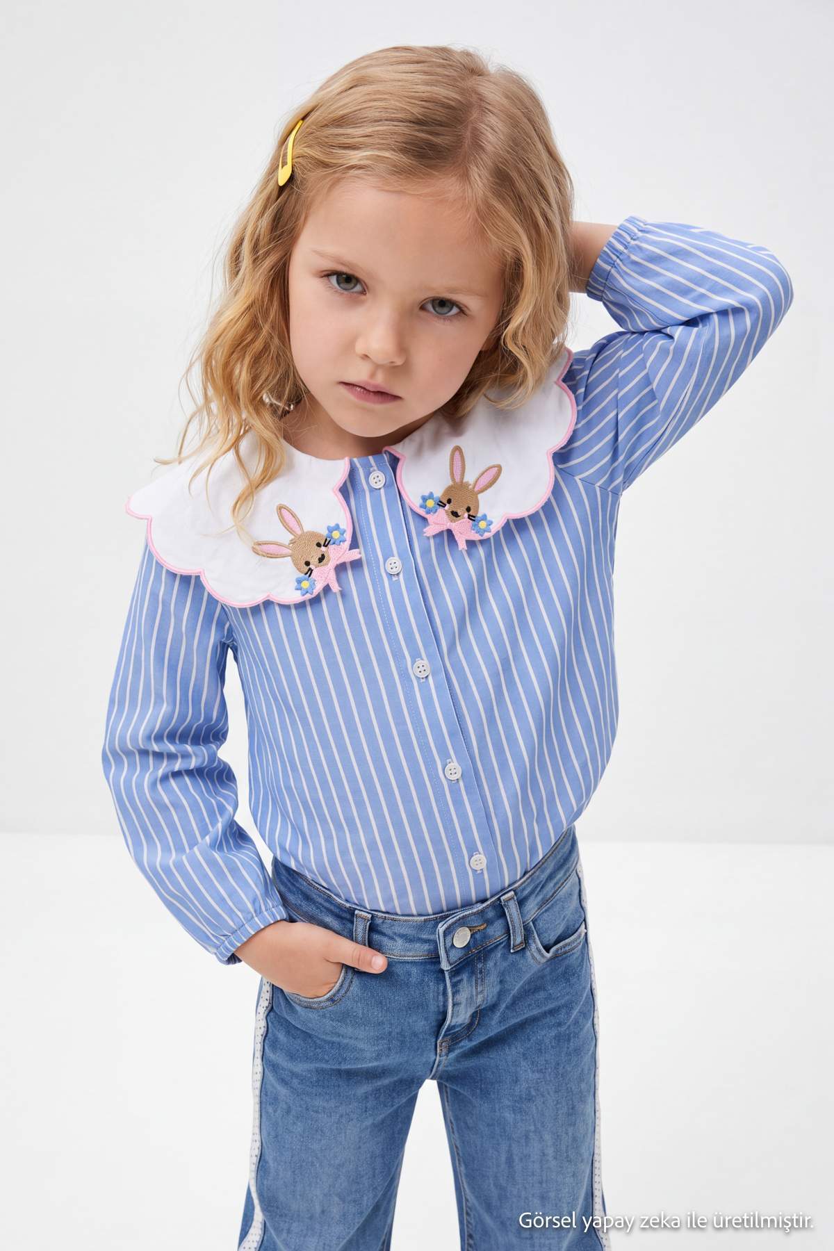 Girls' Blue Striped Bunny-Collar Shirt