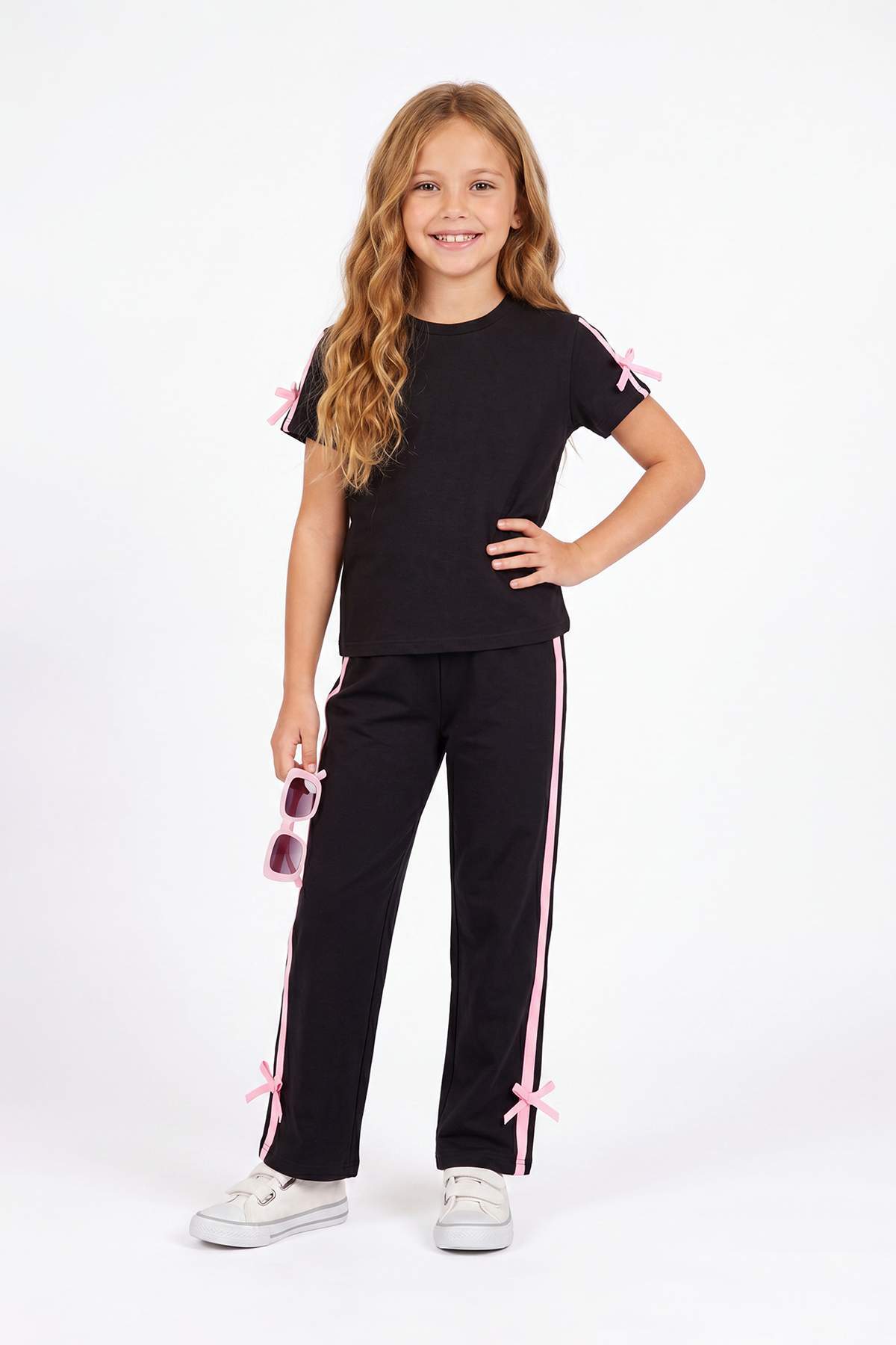 Girls' Black T-Shirt & Side-Stripe Trousers Set