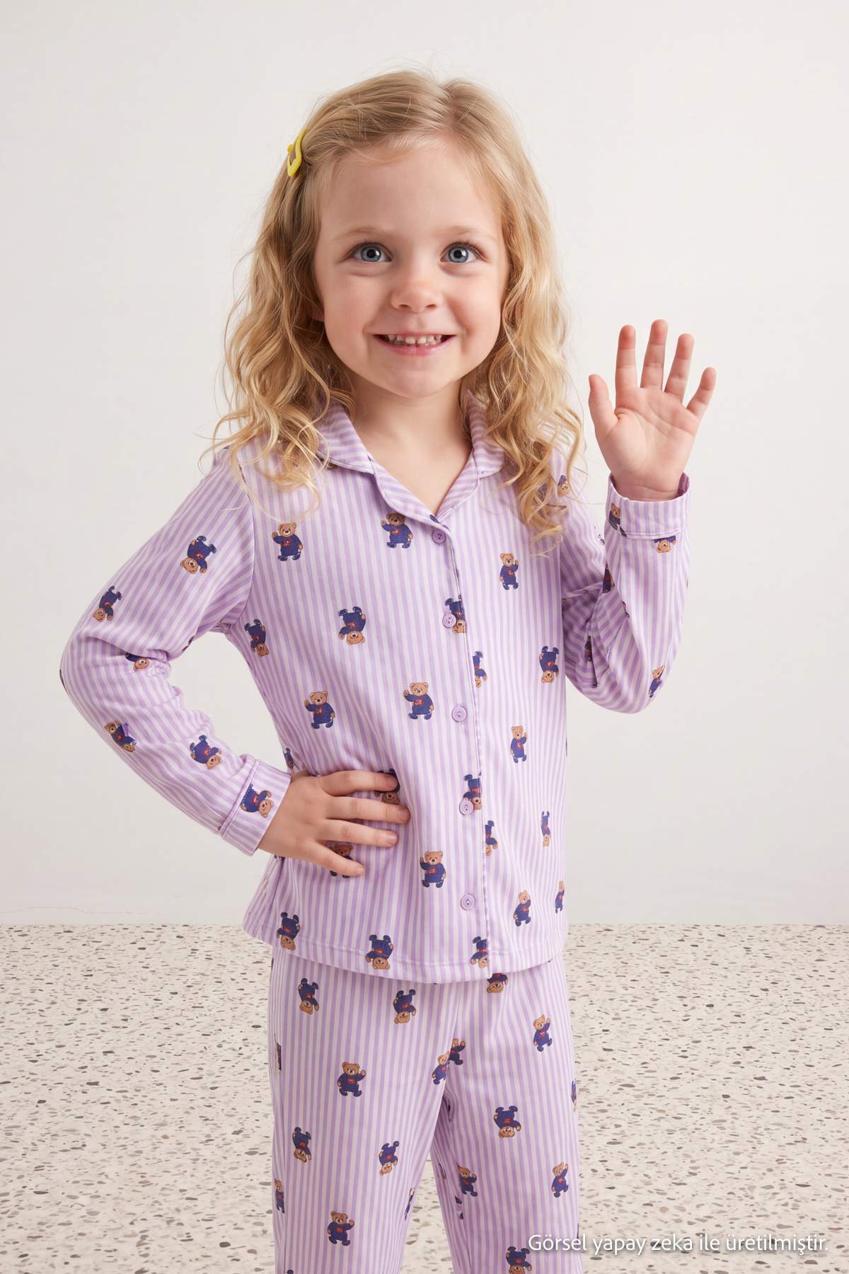 Girls' Pink Soft Patterned Pyjama Set with Shirt Collar