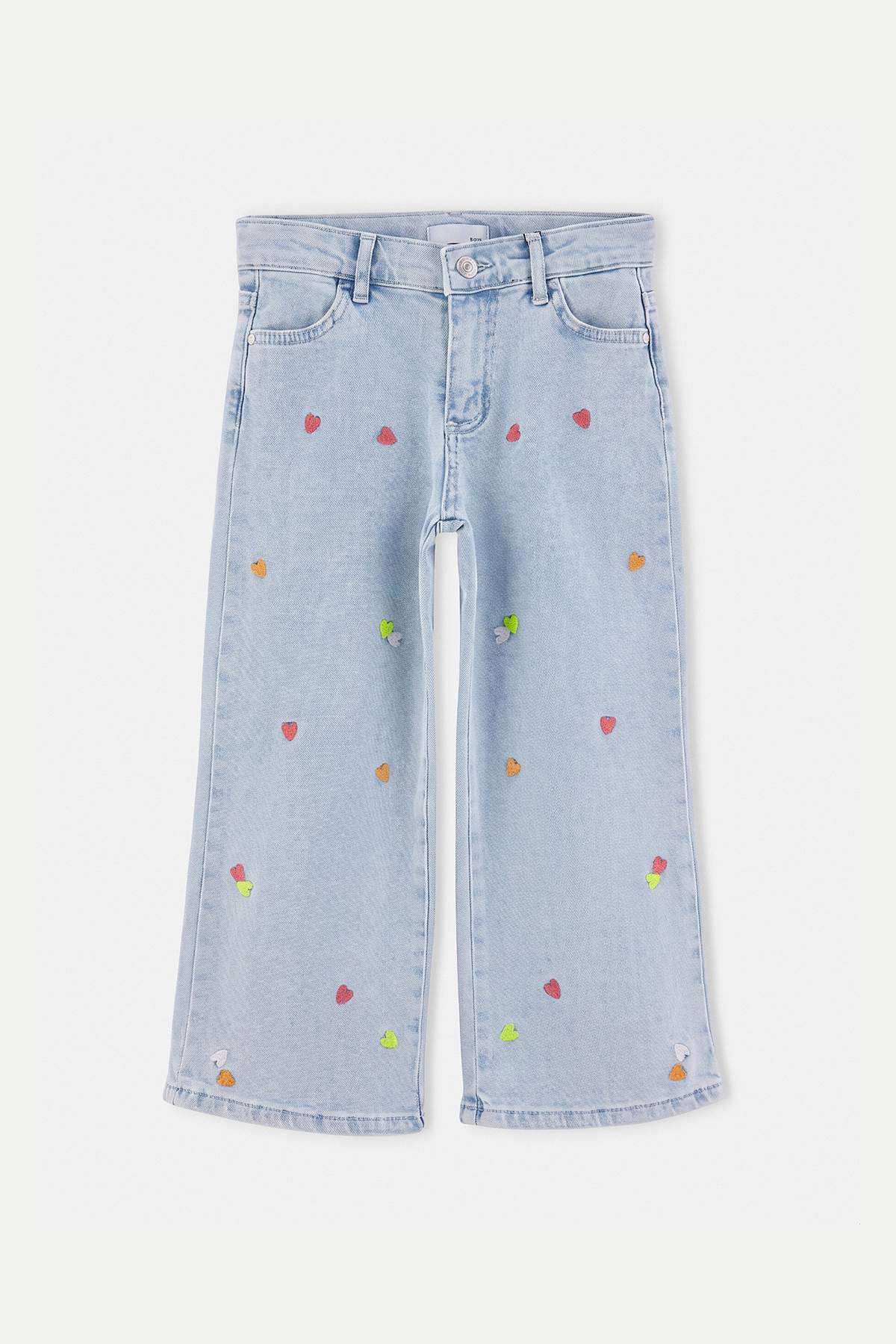 Girls' Mid-Blue Heart-Embroidered Wide-Leg Jeans