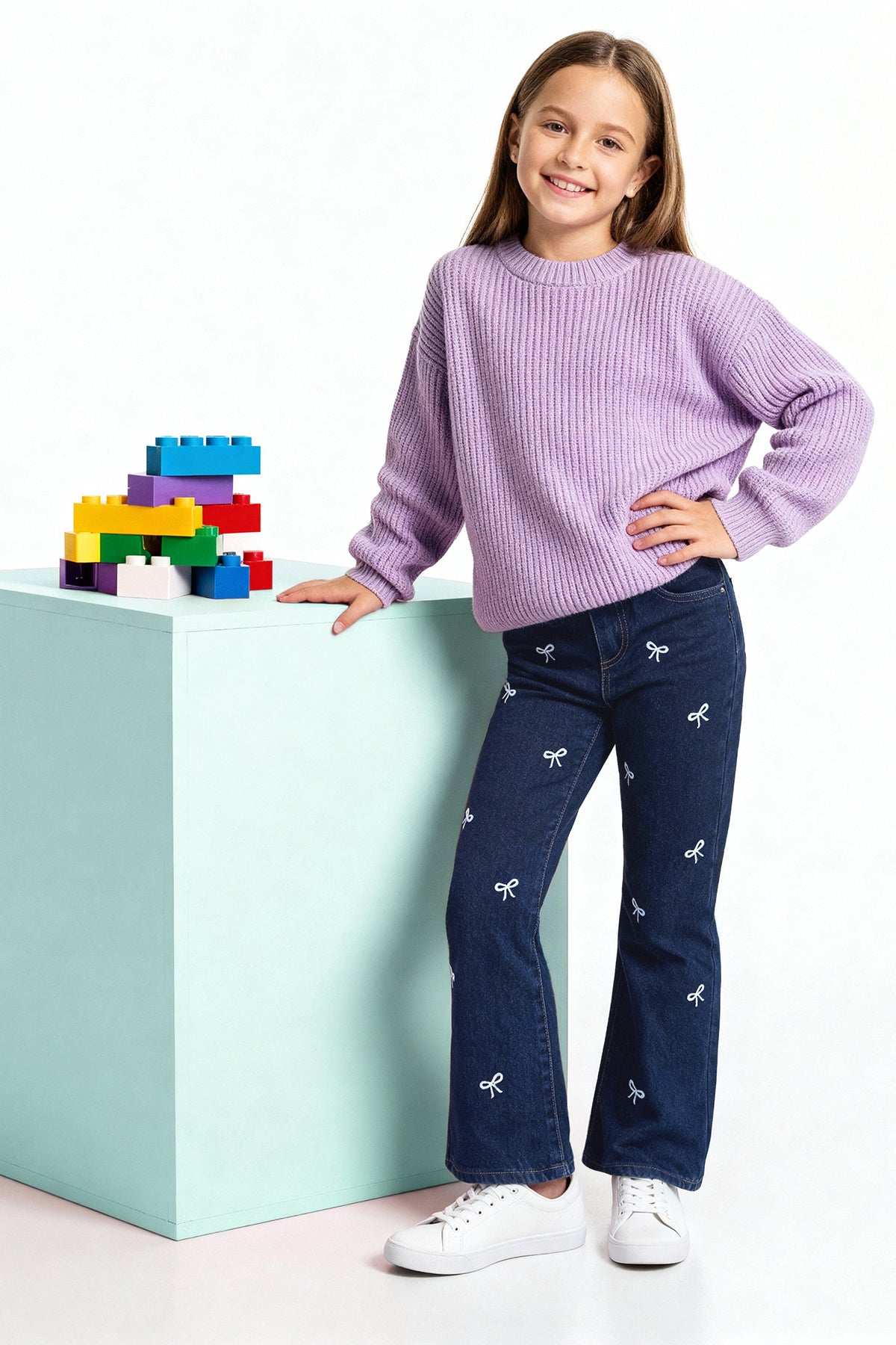 Girls' Floral-Embroidered Cotton Wide-Leg Jeans