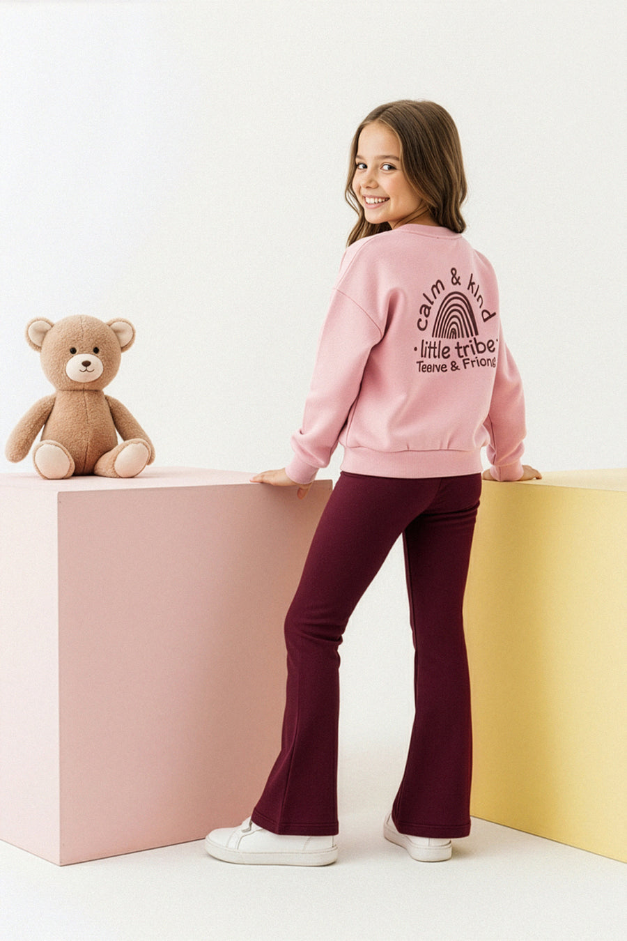 Girls' Powder Pink Fleece-Lined Oversized Two-Piece Set