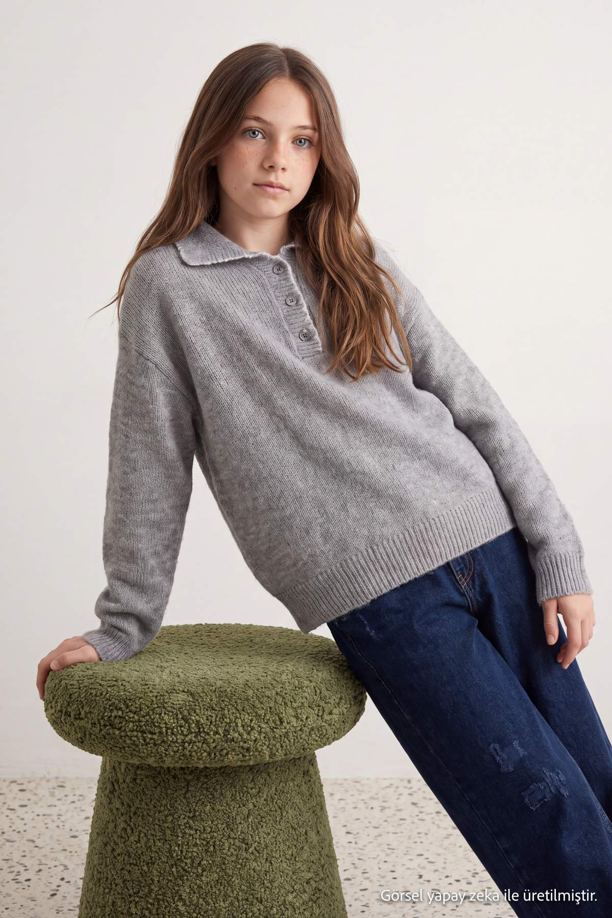 Girls' Grey Marl Polo-Collar Jumper