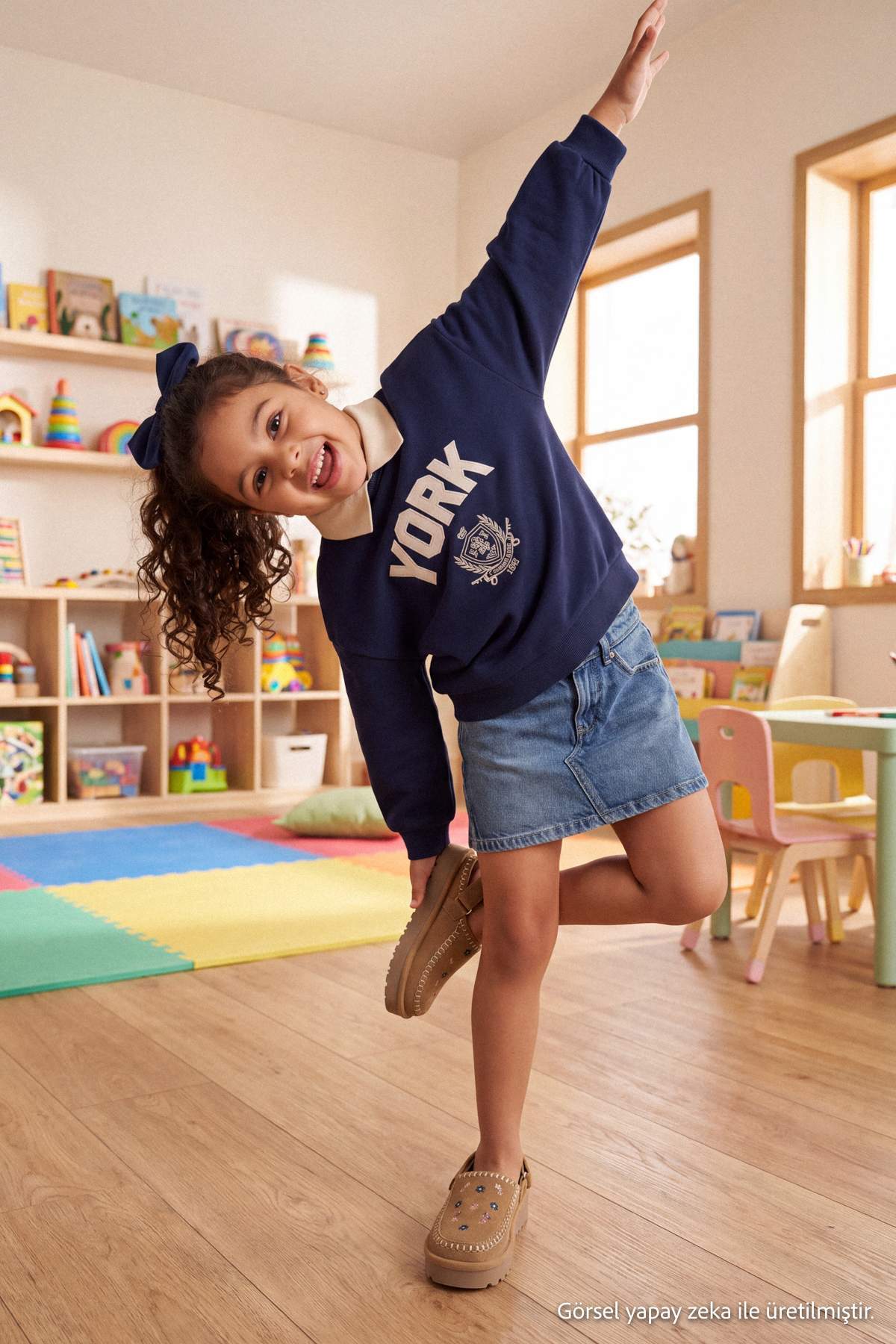 Kids' Navy Embroidered Polo-Collar Fleece-Lined Sweatshirt
