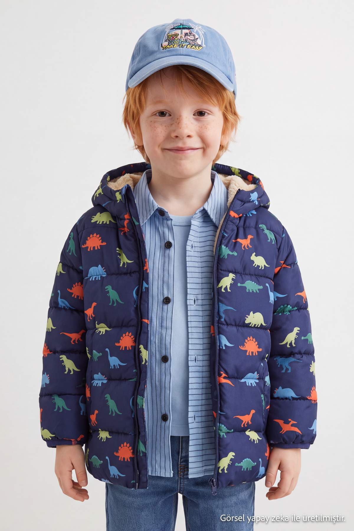 Boys' Navy Dinosaur-Print Fleece-Lined Hooded Puffer Coat