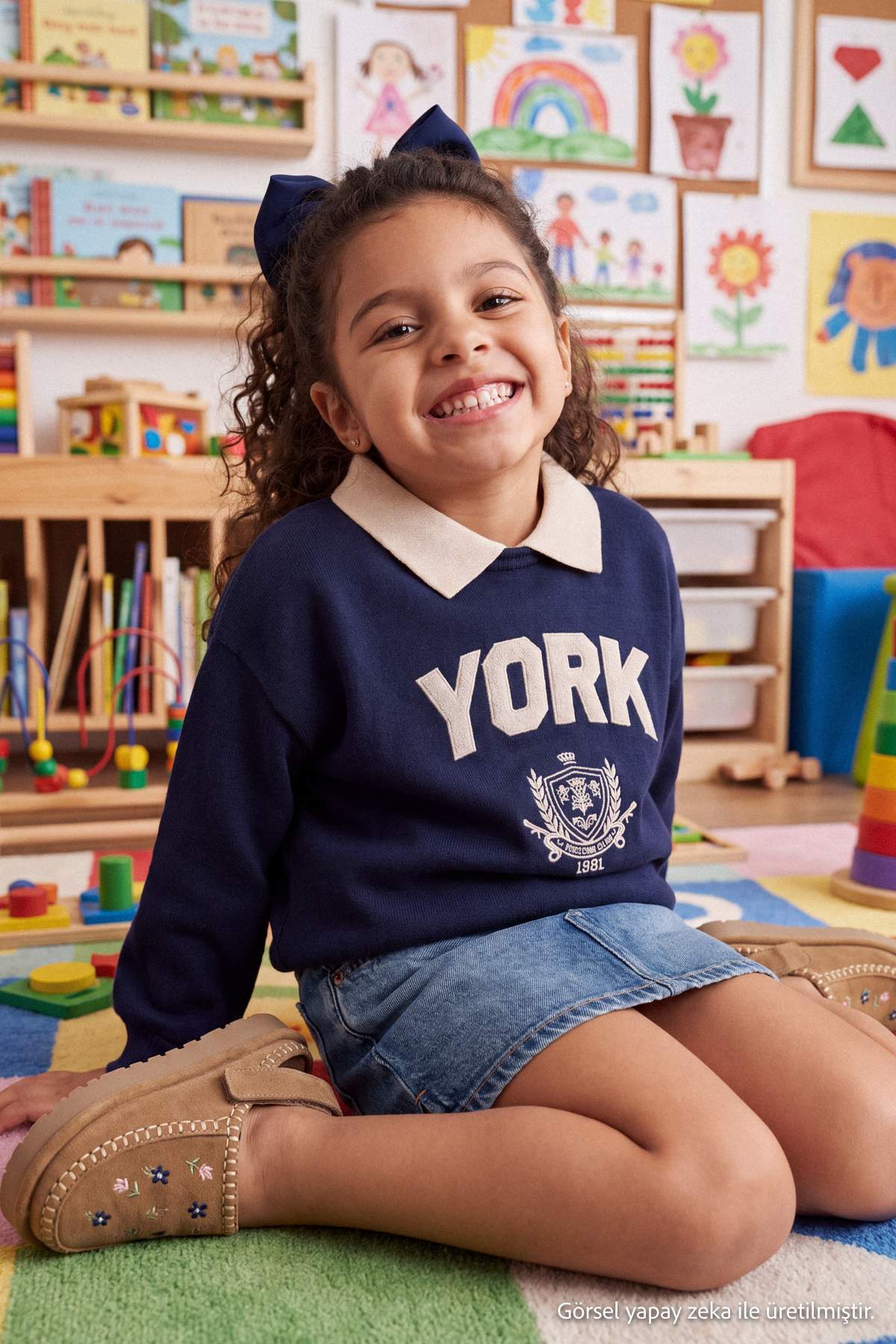 Kids' Navy Embroidered Polo-Collar Fleece-Lined Sweatshirt