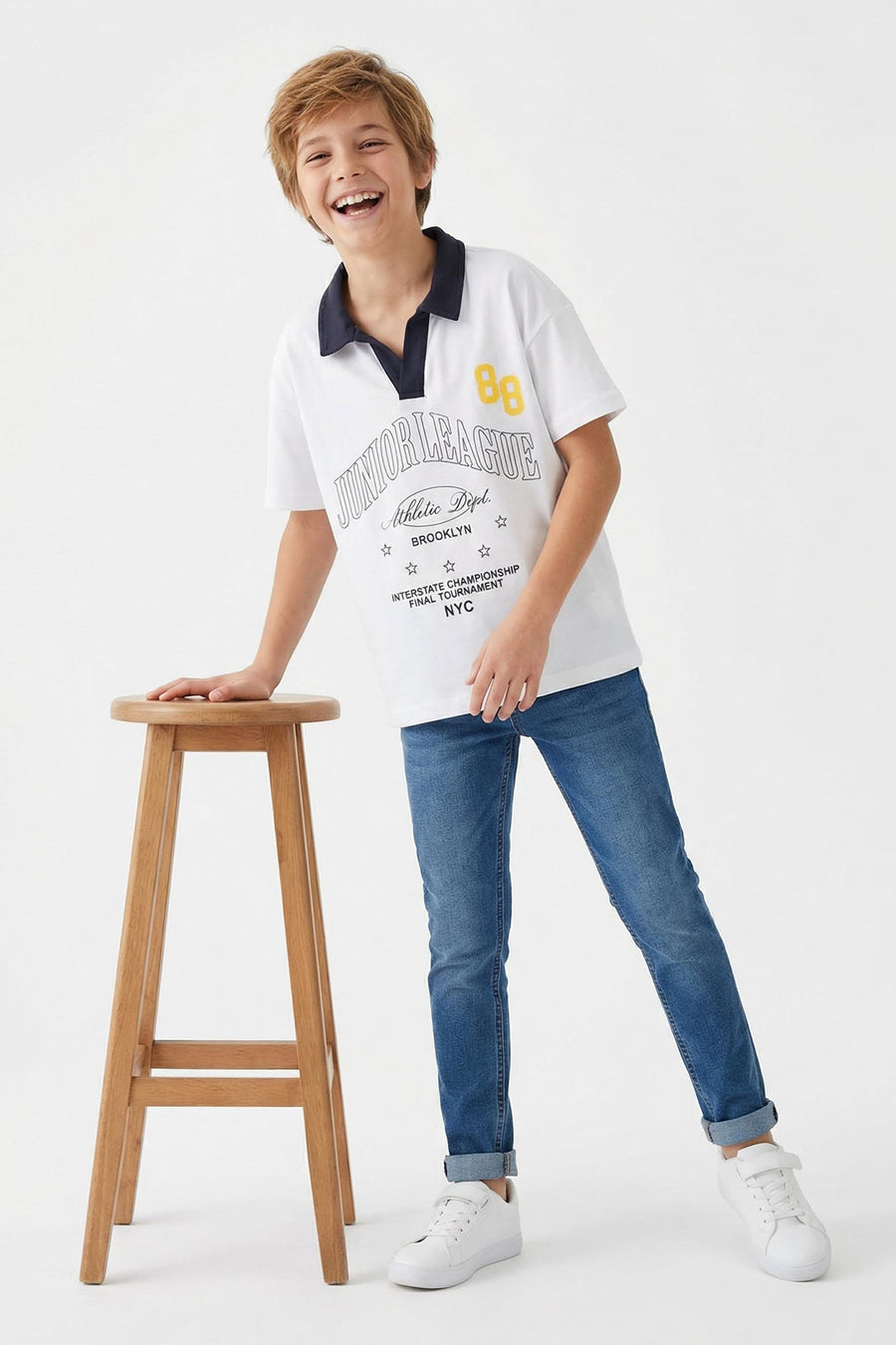 Boys' White Slogan Cotton Polo T-Shirt