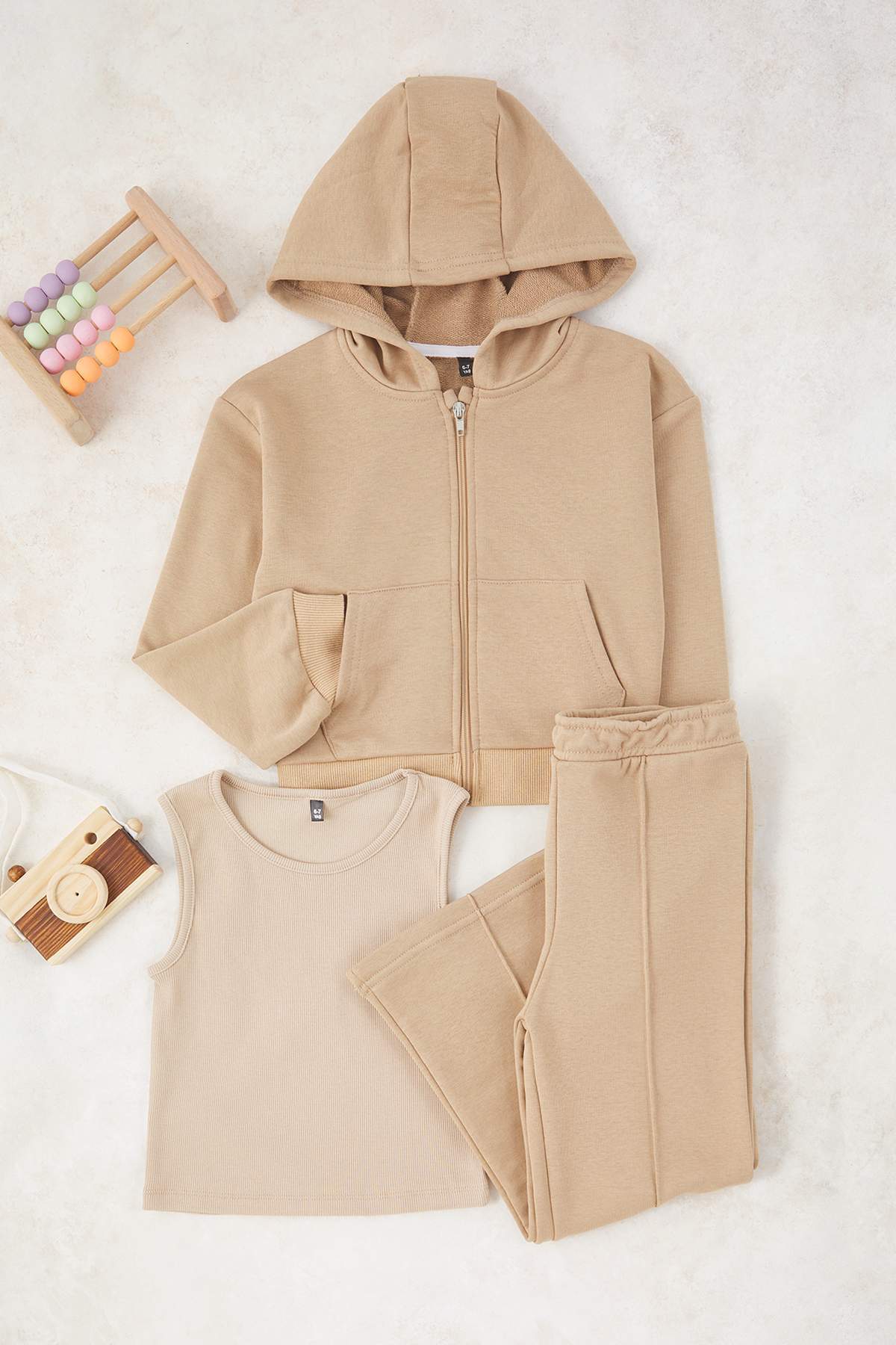 Girls' Beige 3-Piece Hooded Vest, Sweatshirt & Jogger Set