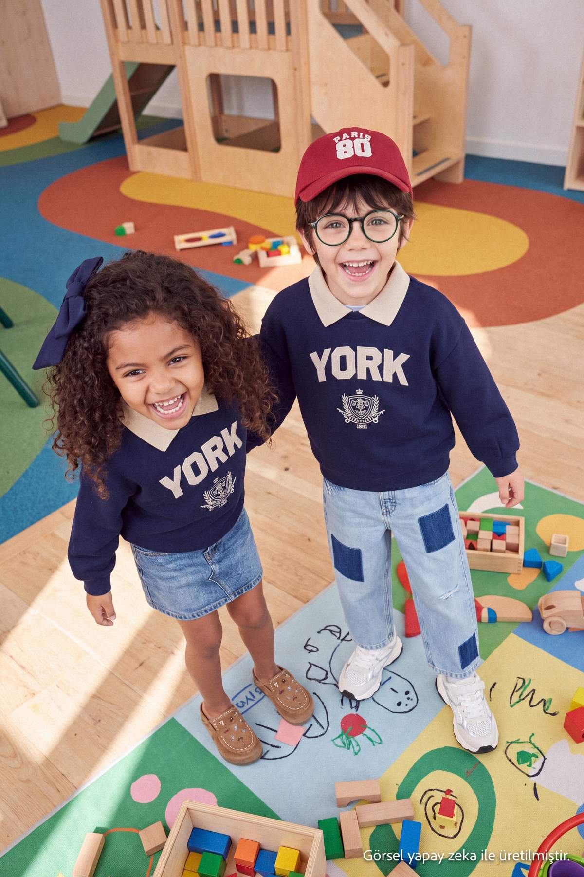 Kids' Navy Embroidered Polo-Collar Fleece-Lined Sweatshirt