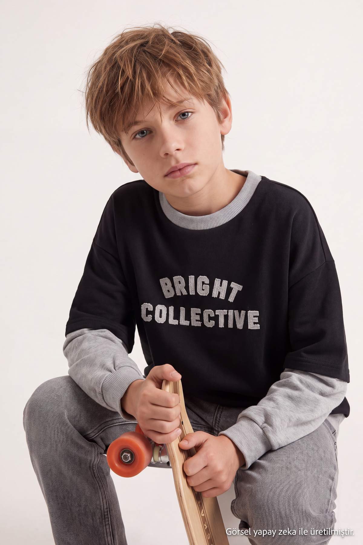 Boys' Black Slogan Layered-Sleeve Sweatshirt