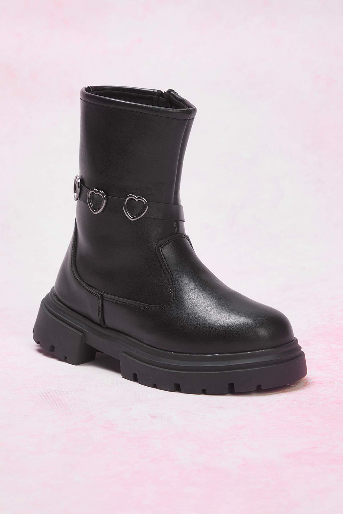 Girls' Black Heart-Buckle Zip Boots