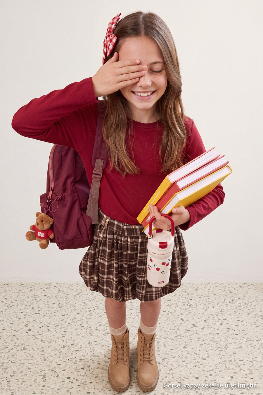 Girls' Burgundy Cotton Long-Sleeve School T-Shirt