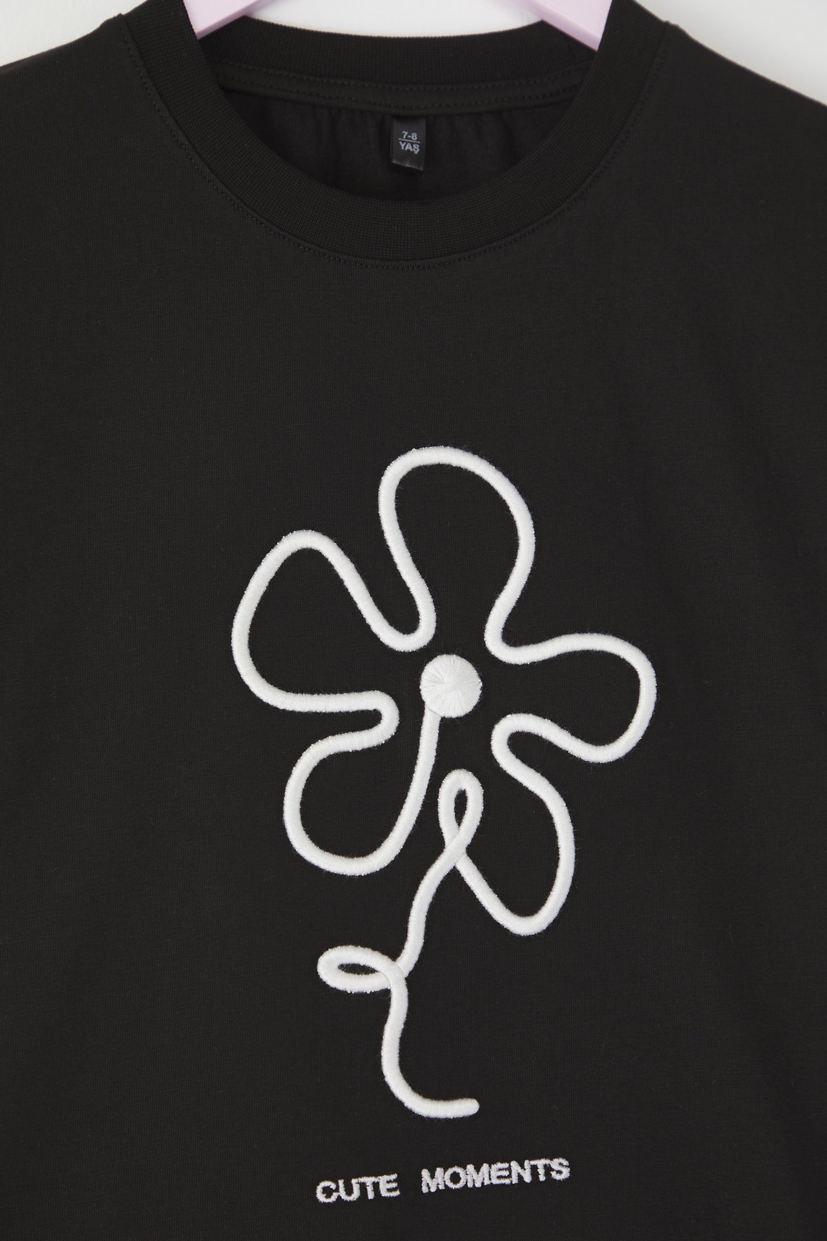 Girls' Black Floral-Embroidered Cotton T-Shirt
