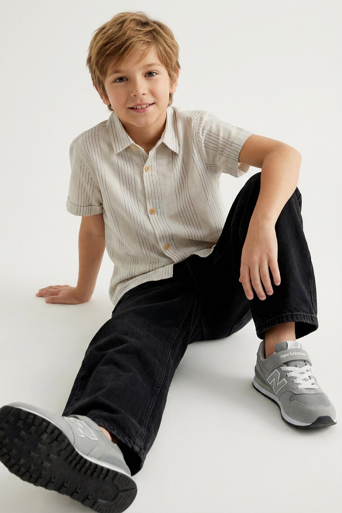 Boys' Ecru Striped Cotton Short-Sleeve Shirt