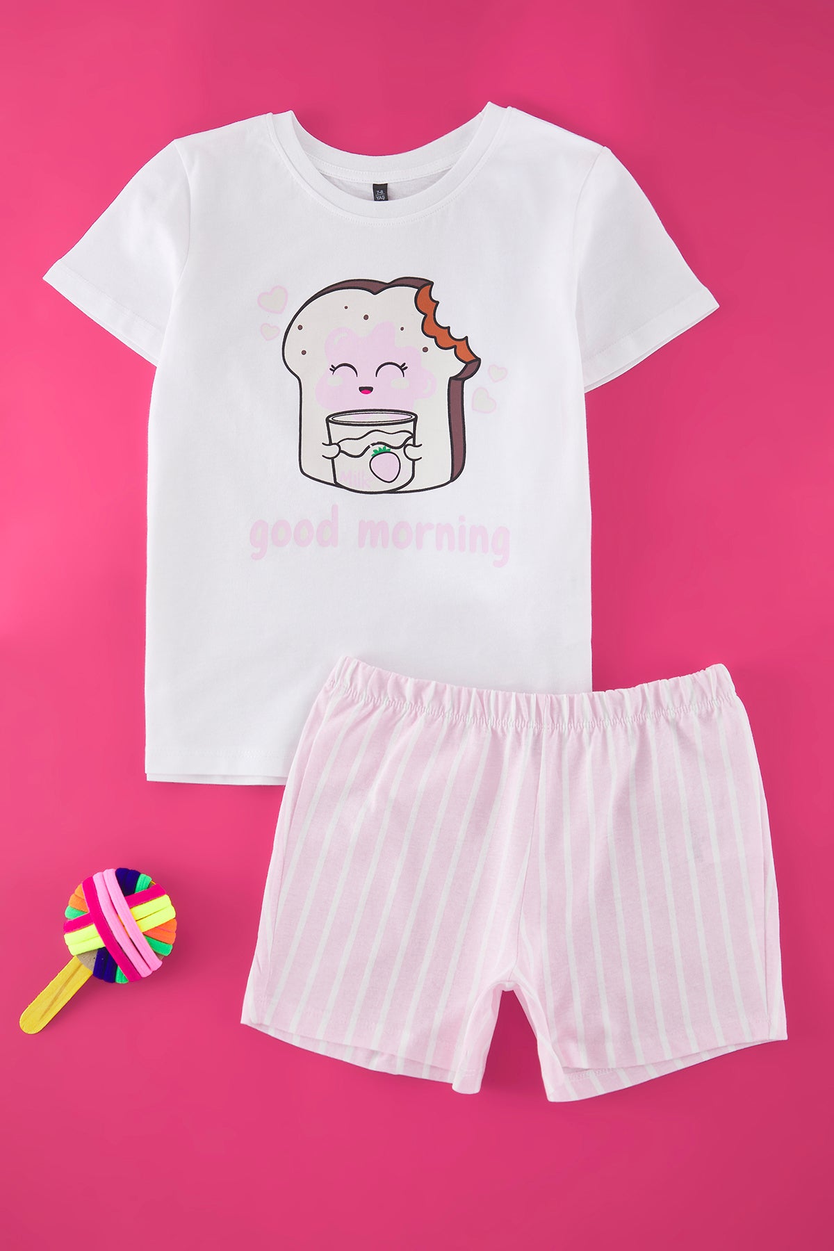 Girls' Pink Striped Cotton Mini Me Short-Sleeve Pyjama Set