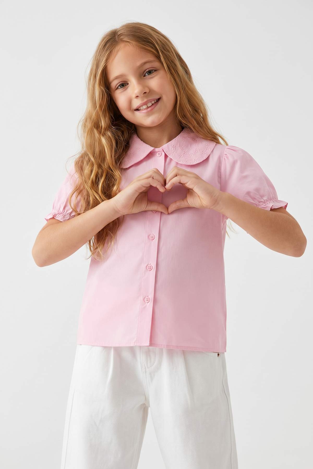 Girls' Pink Slim-Fit Cropped Shirt