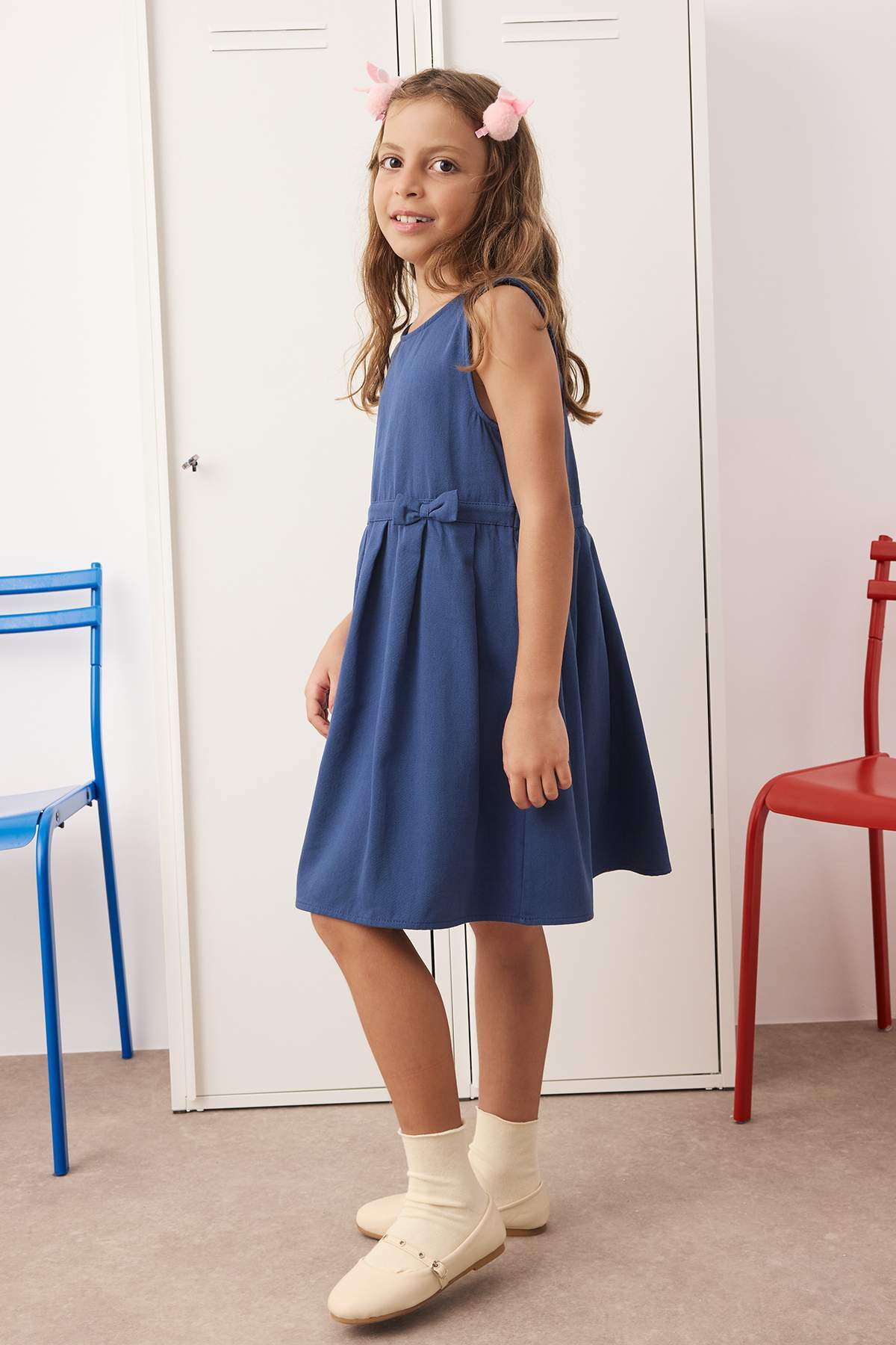 Girls' Navy Cotton A-Line School Dress