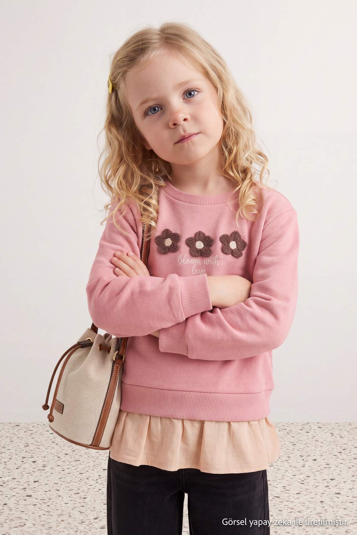Girls' Powder Pink Embroidered Thick Sweatshirt