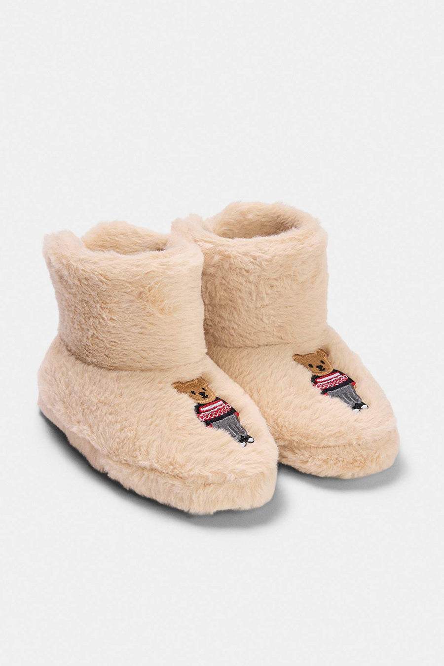 Kids' Ecru Embroidered Plush Slipper Boots