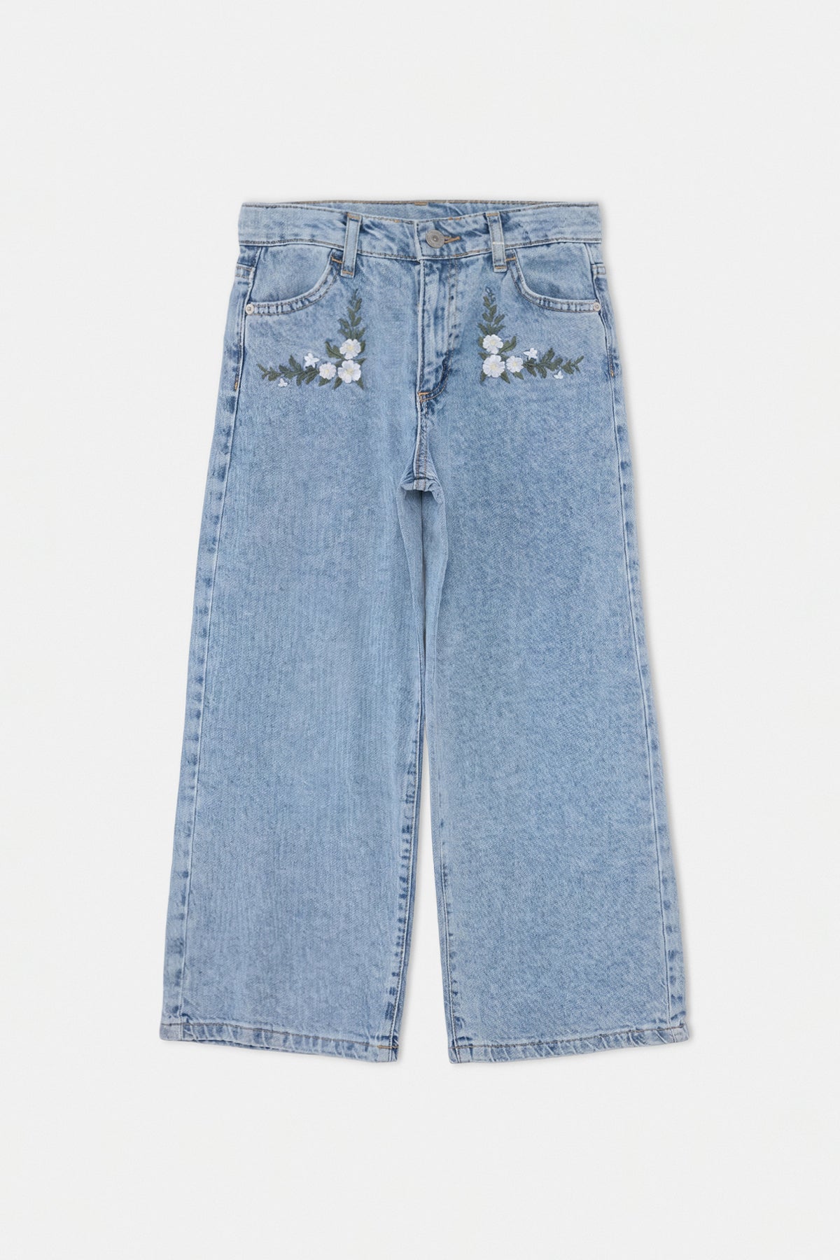 Girls' Blue Star-Print Wide-Leg Denim Trousers
